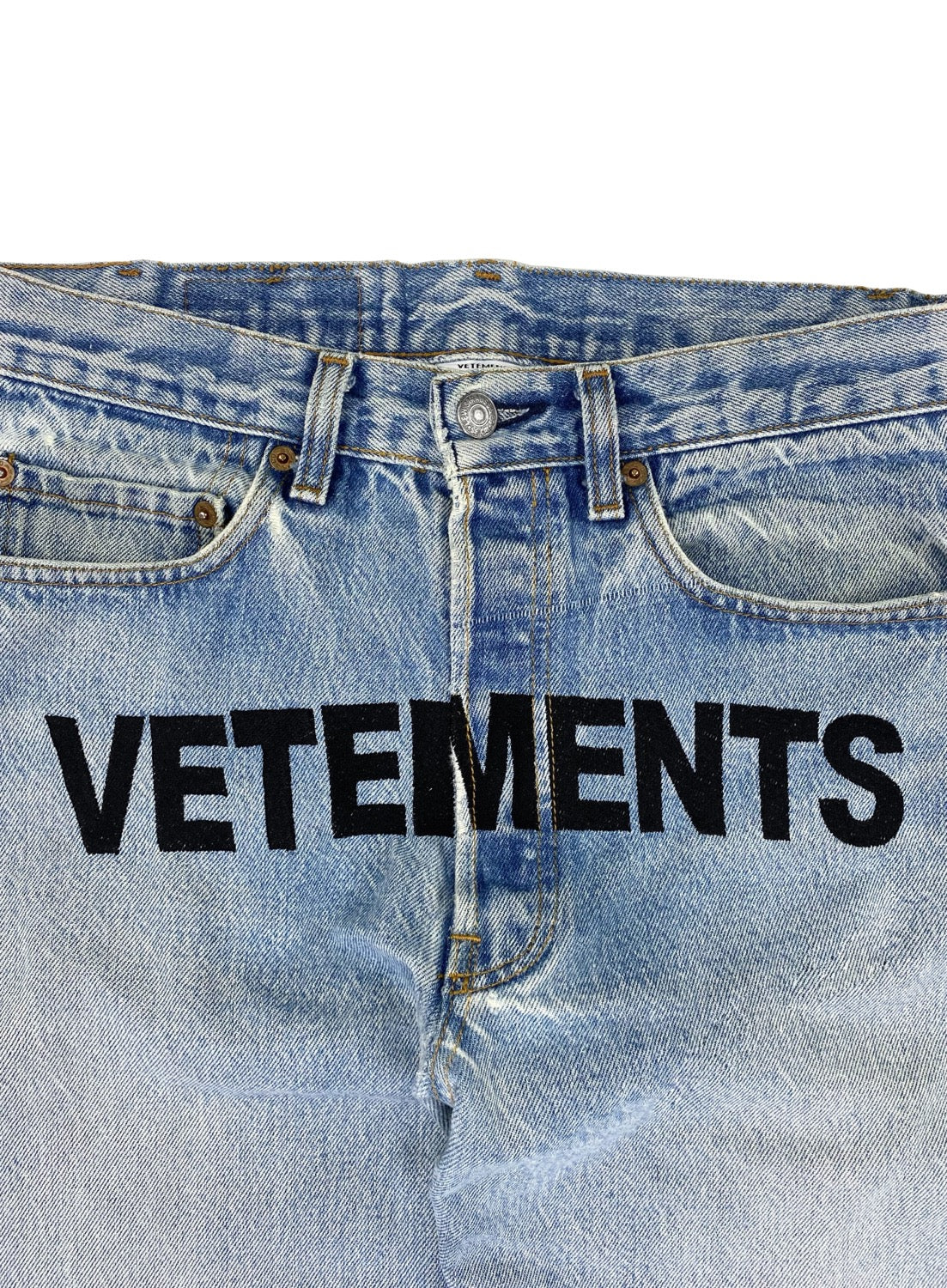 FW18 Vetements x Levi’s Embroidered Crotch Logo Light Wash Denim