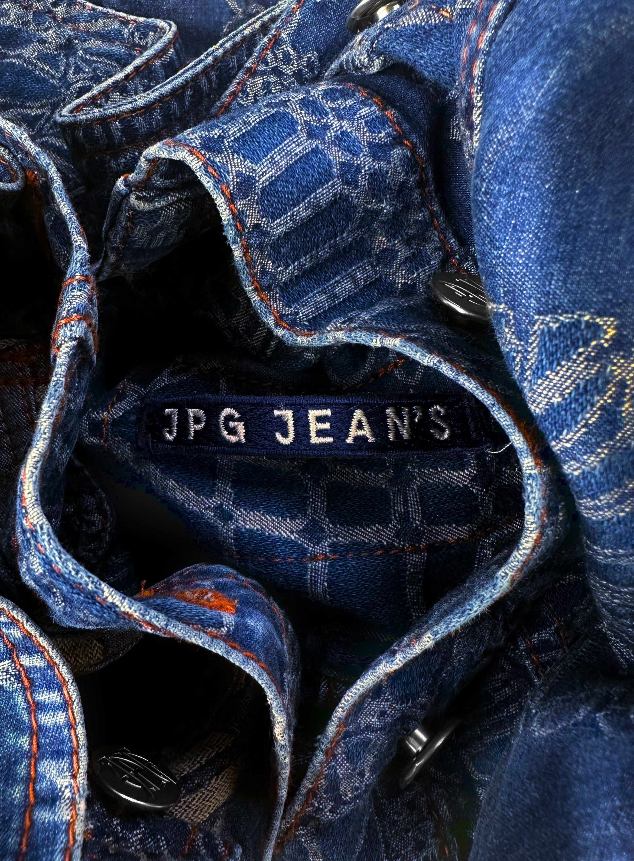 90s Jean Paul Gaultier ‘Sun’ Tribal Motif Pleated Blue Denim Jacket