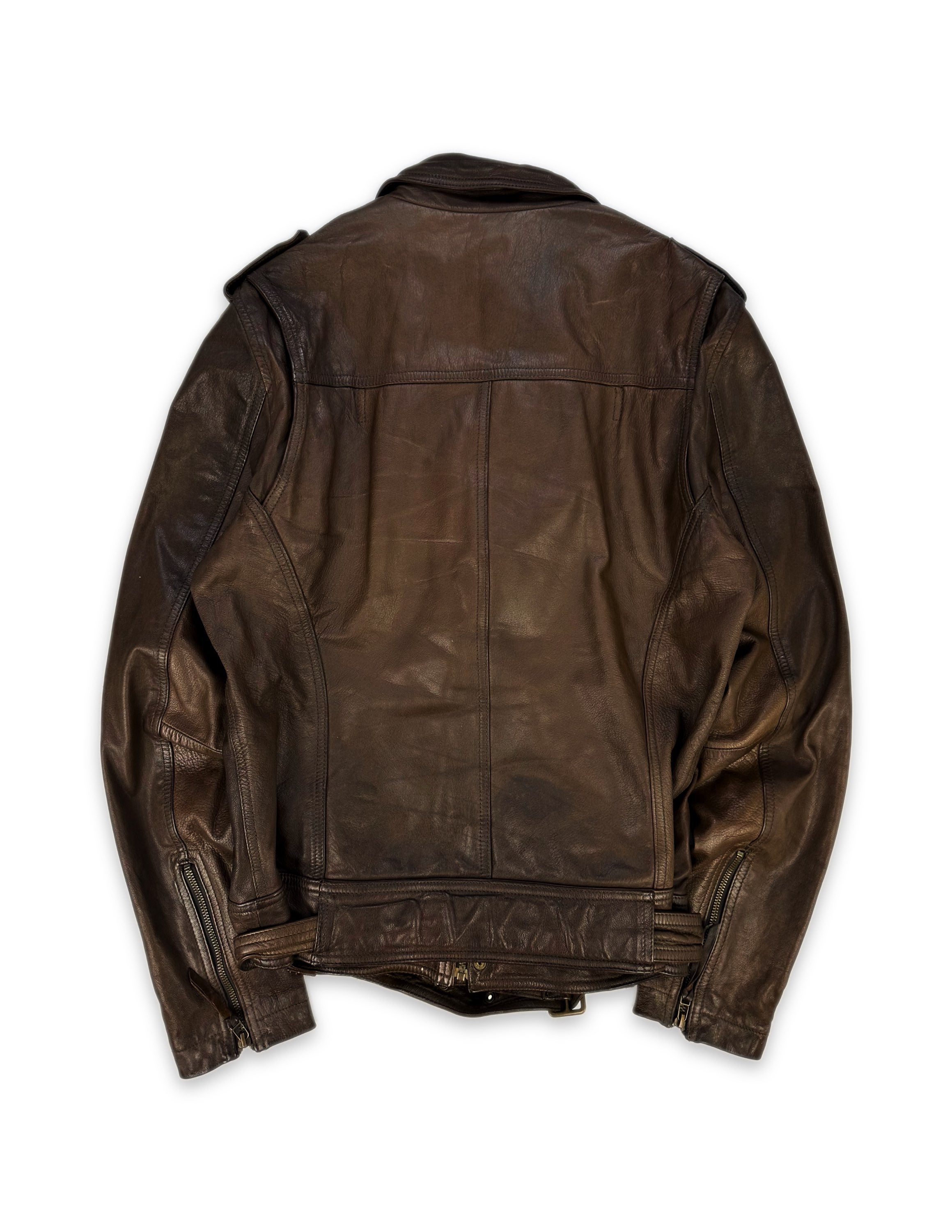 00s Tete Homme Brown Leather Belted Biker Jacket