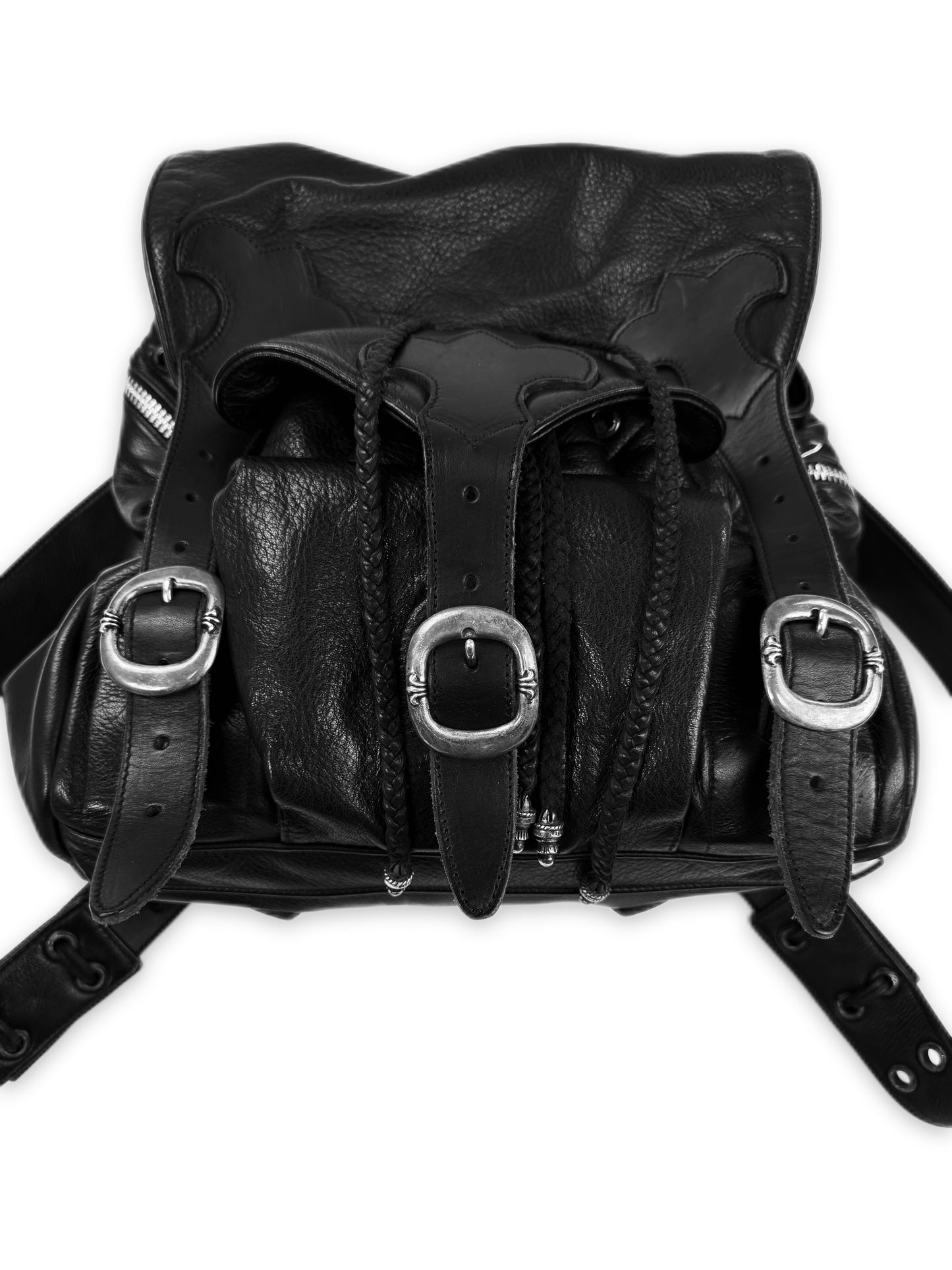 Chrome Hearts Triple Gunslinger Fleur Black Leather Braided Backpack