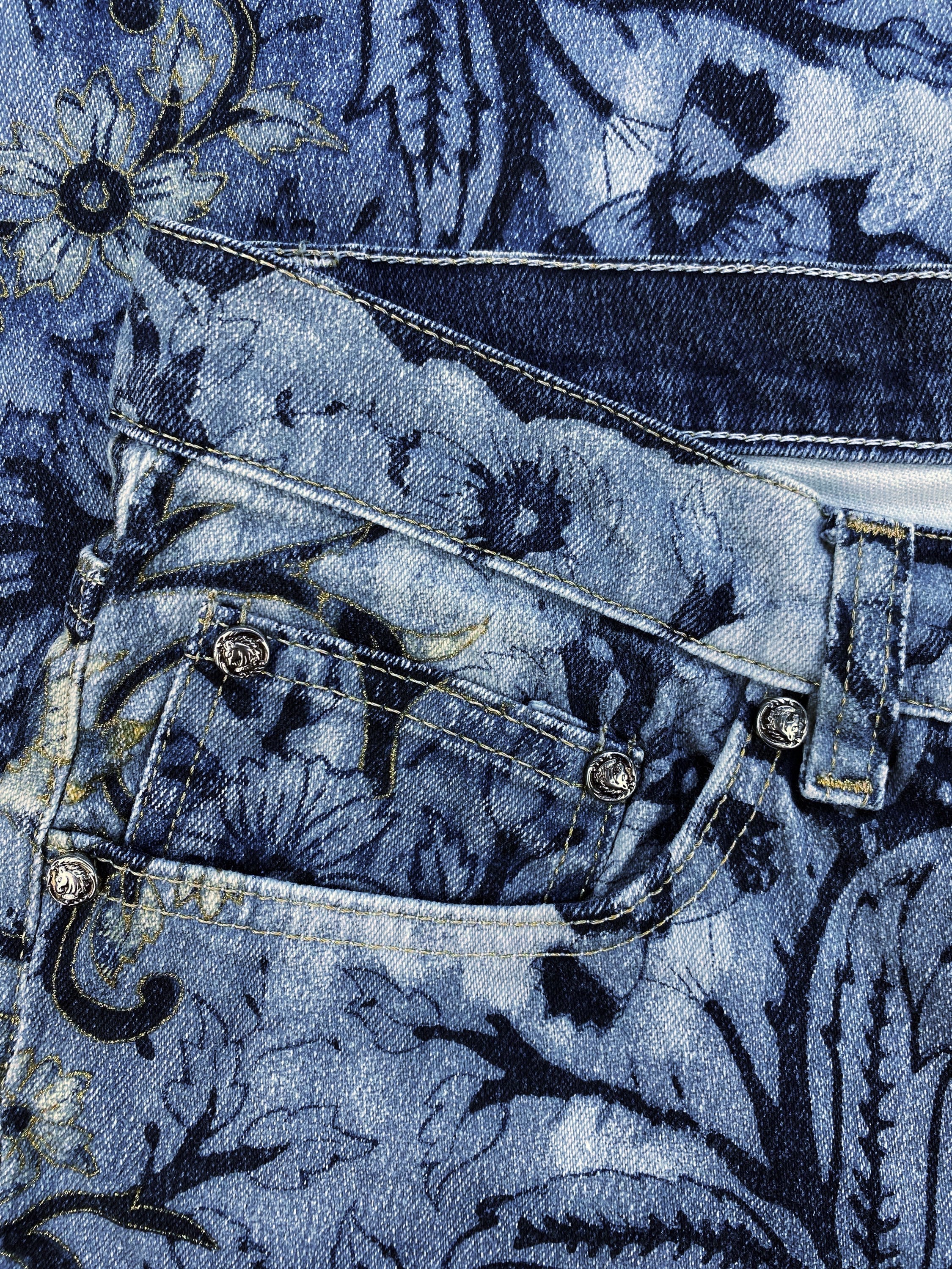 90’s Roberto Cavalli Blue Floral Full Print Denim Jeans