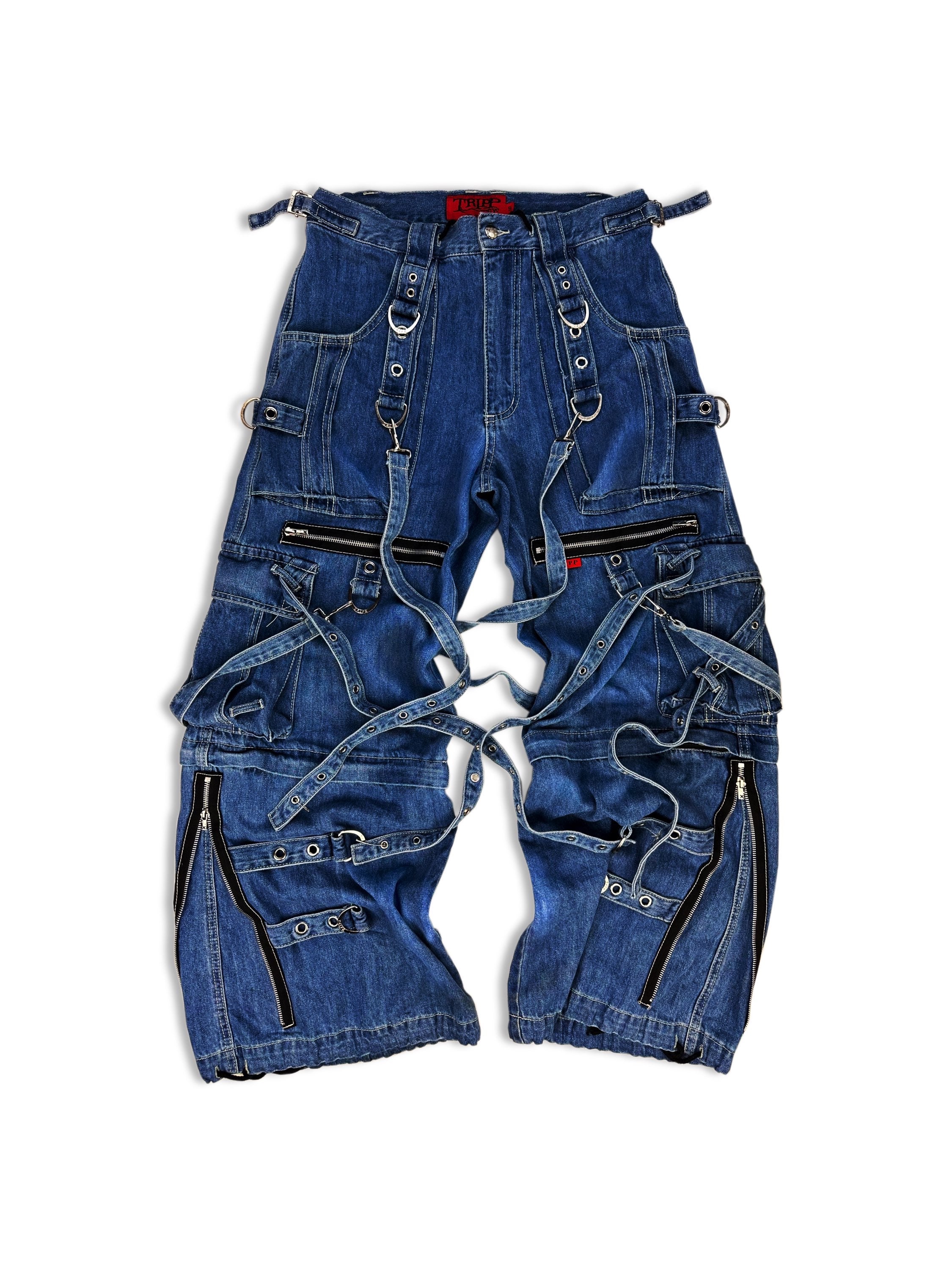 00s Tripp NYC ‘Raver’ Bondage Strap Flared Cut Indigo Denim