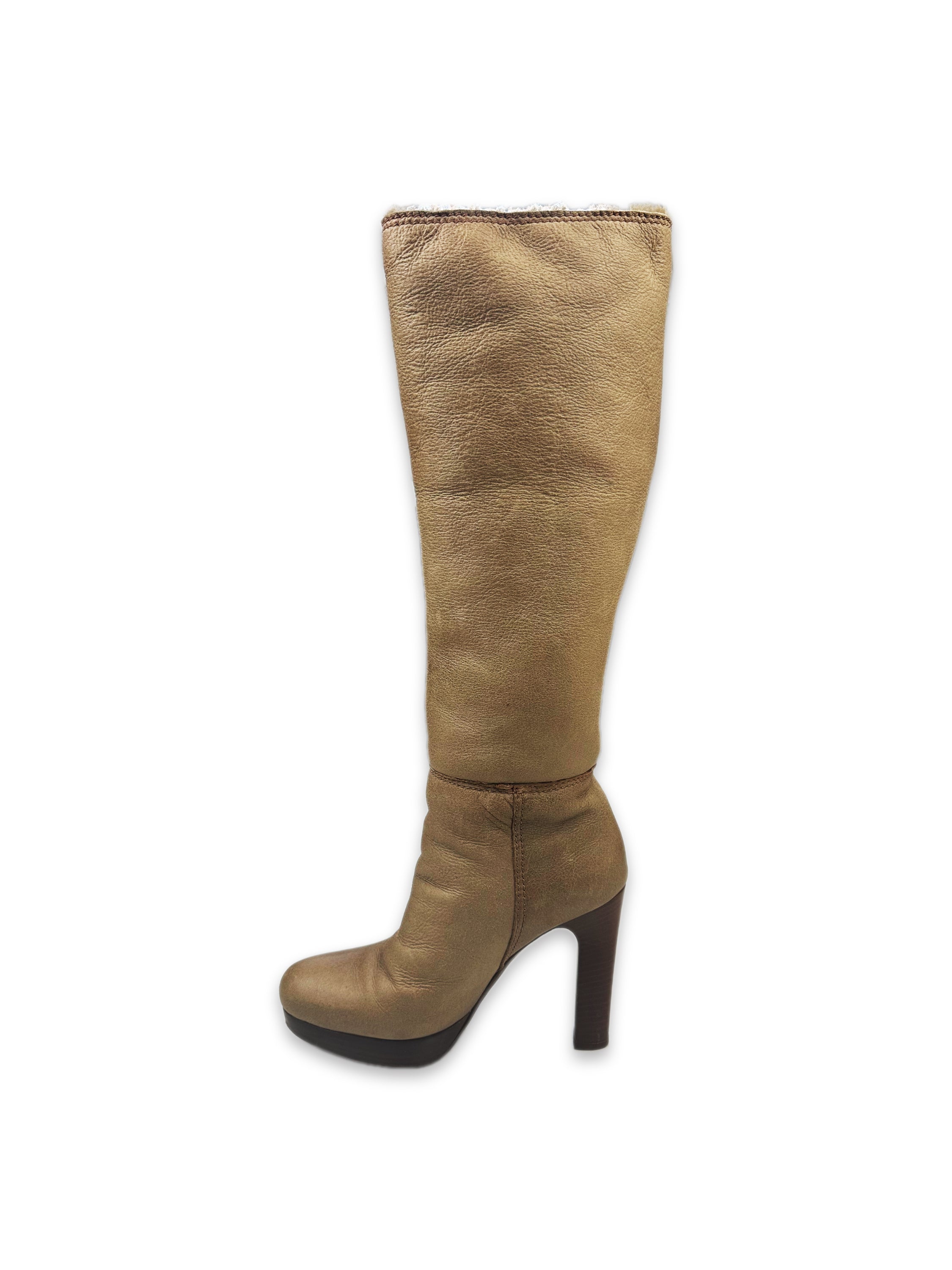 Miu Miu Shearling Lined Tan Leather High-heel Boots