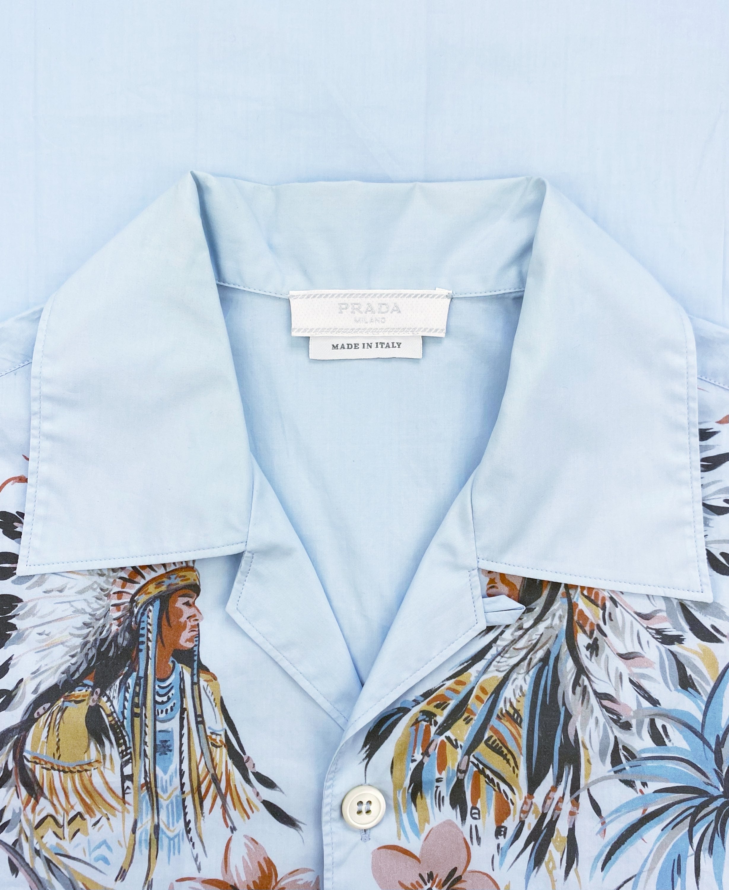 SS18 Prada Native Print Camp Collar Shortsleeve Button Up