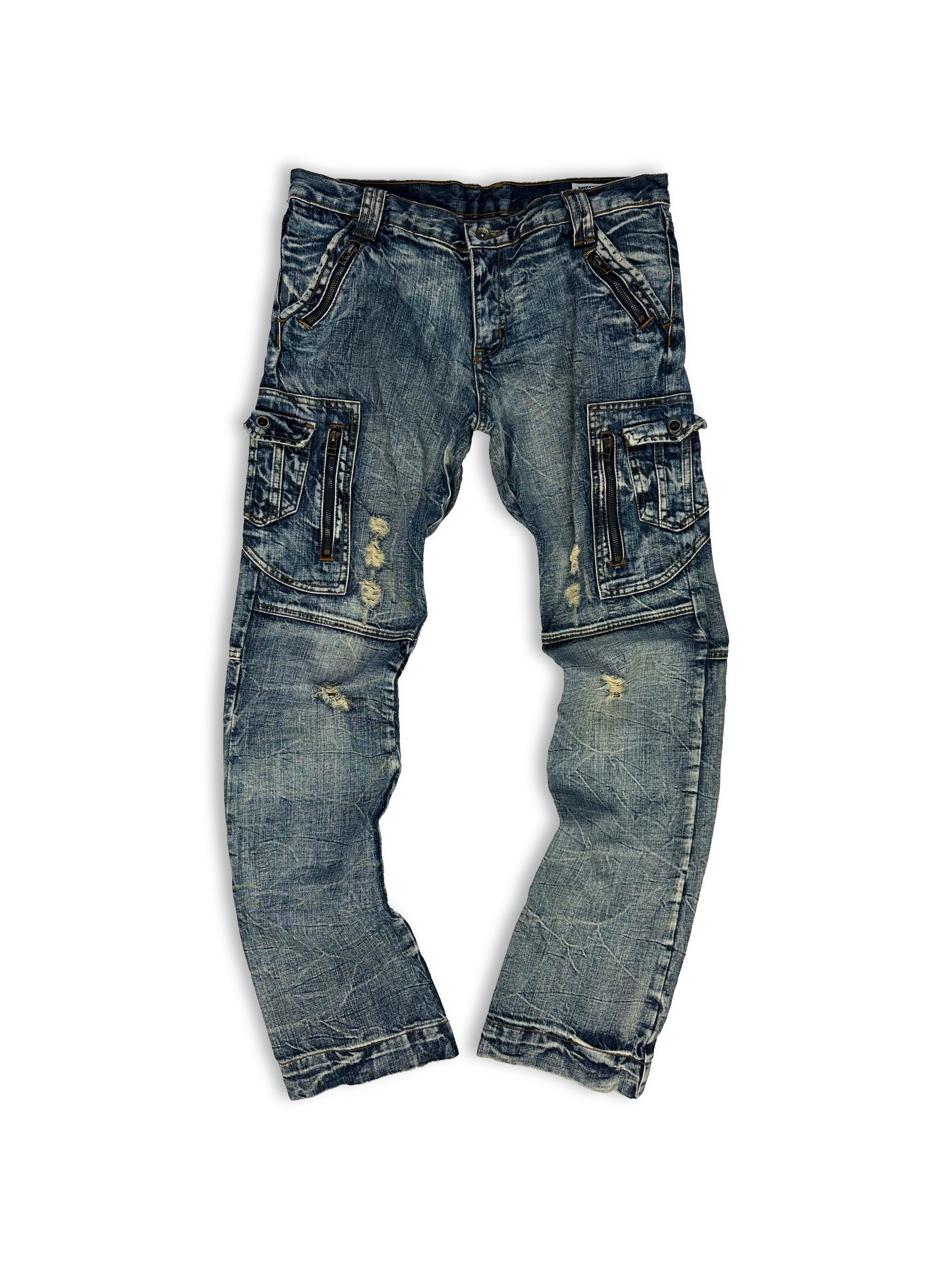 Semantic Design Blue Light Wash Distressed Cargo Denim