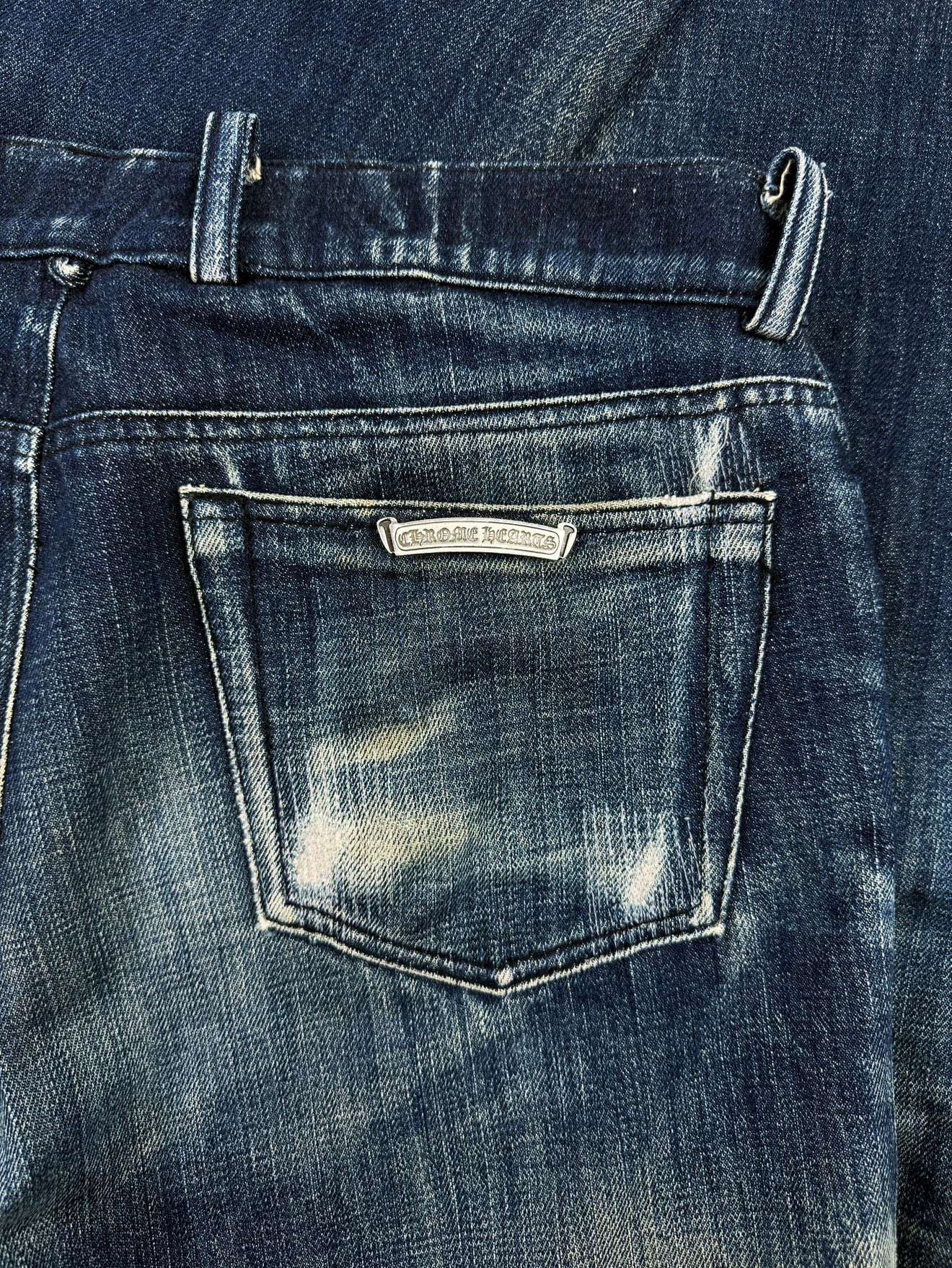 Chrome Hearts Flared Leg Blue Light Wash Fleur Knee .925 Silver Jeans
