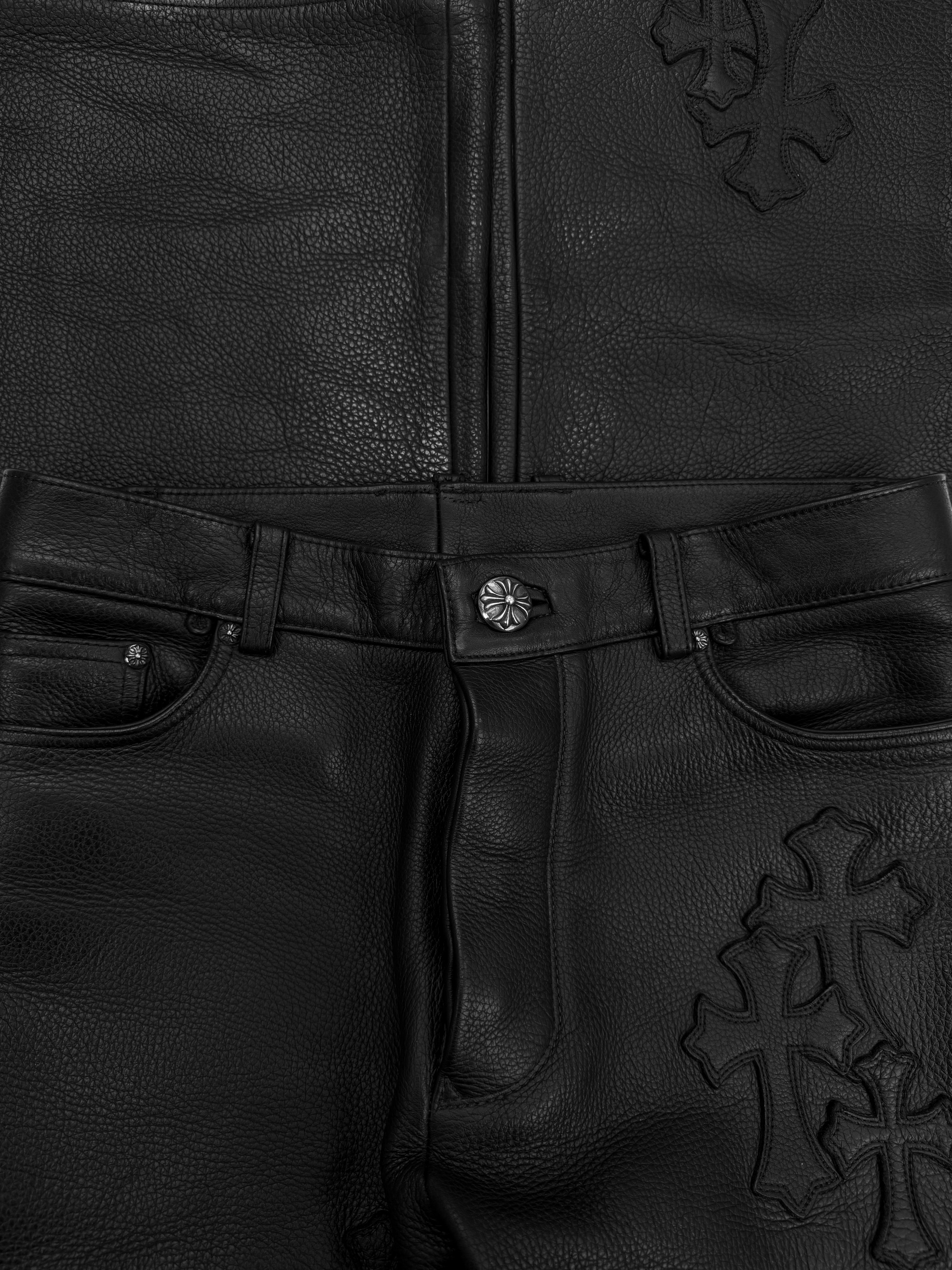 Chrome Hearts 20 Cross Patch Black Leather Heavy Weight .925 Silver Pants