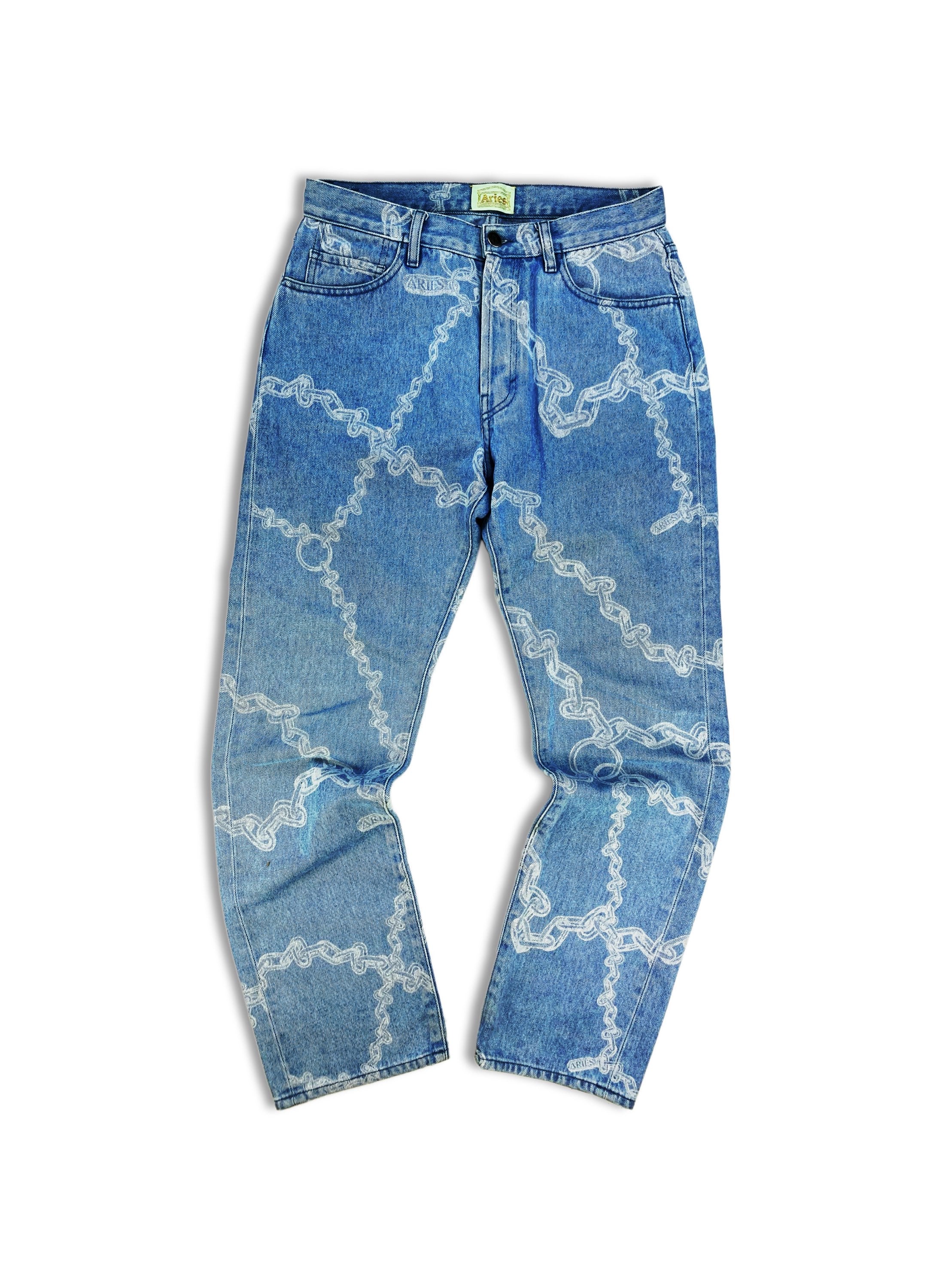 AW19 Aries ‘Chainlink’ Full Print Light Wash Denim Jeans