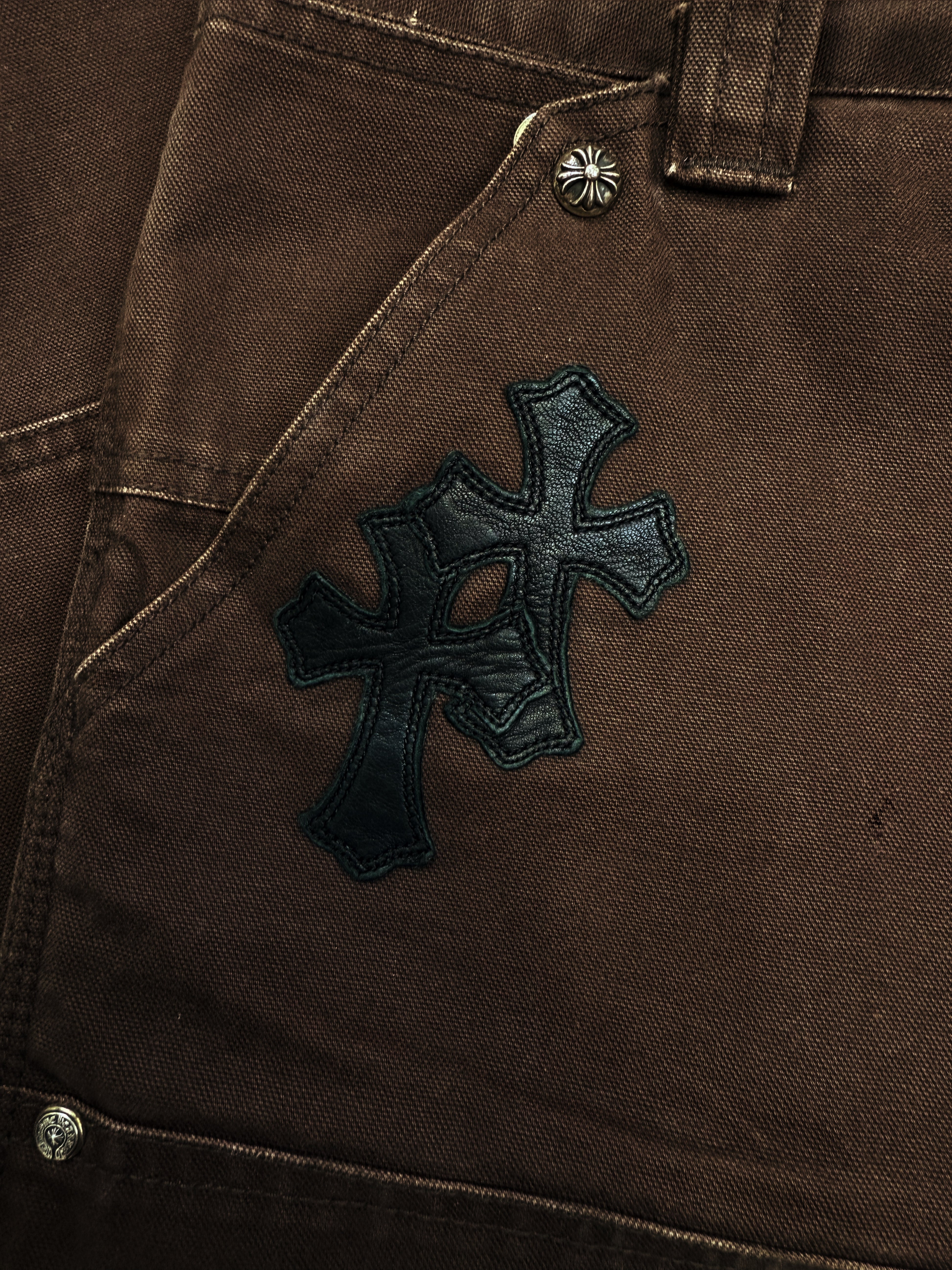 Chrome Hearts 20 Leather Cross Patch Double Knee Denim Carpenter Pants