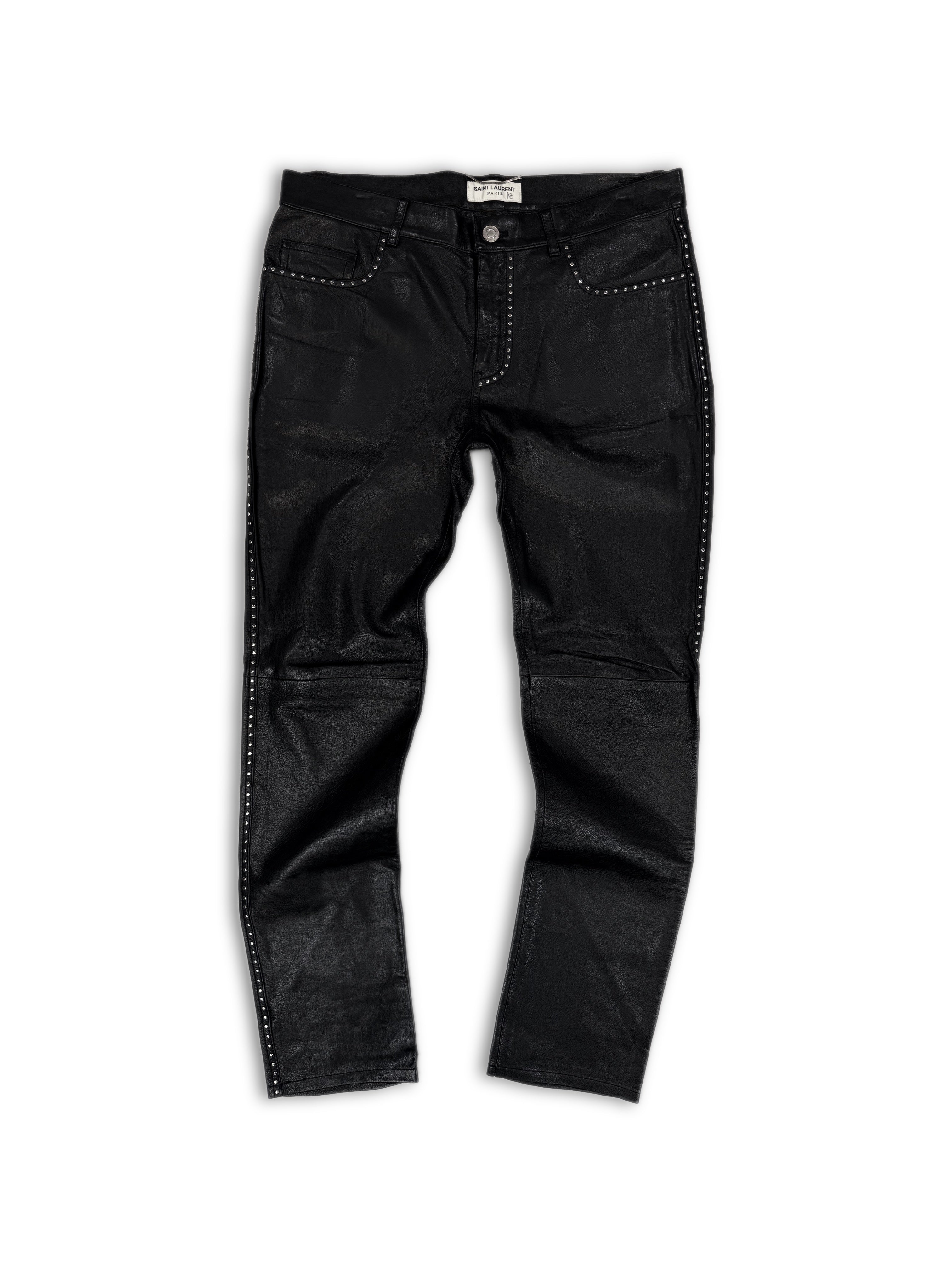 AW14 Saint Laurent Paris Studded Black Lambskin Leather Pants