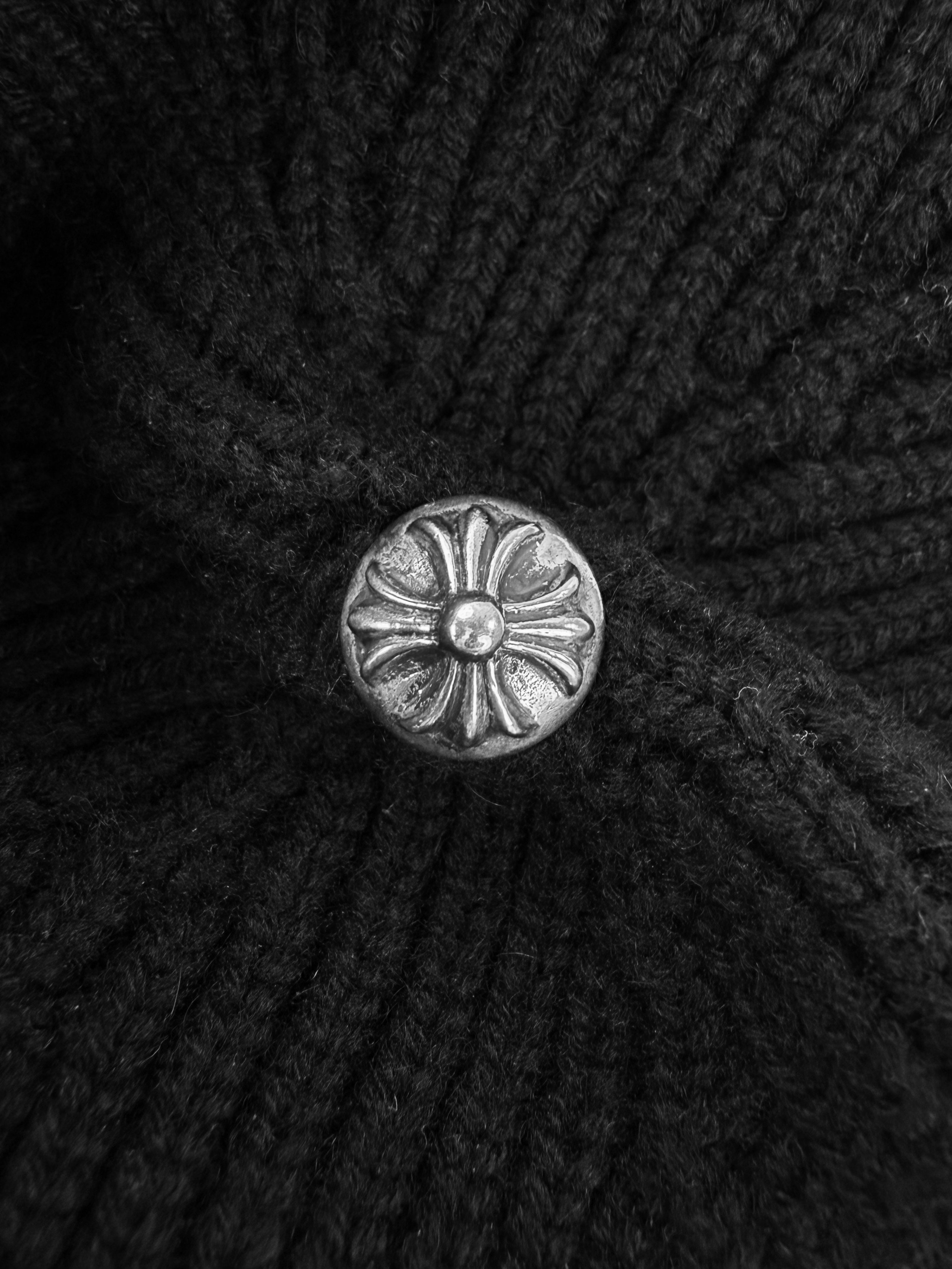 Chrome Hearts Triple Leather Cross Patch Silver Pendant Ribbed Black Beanie