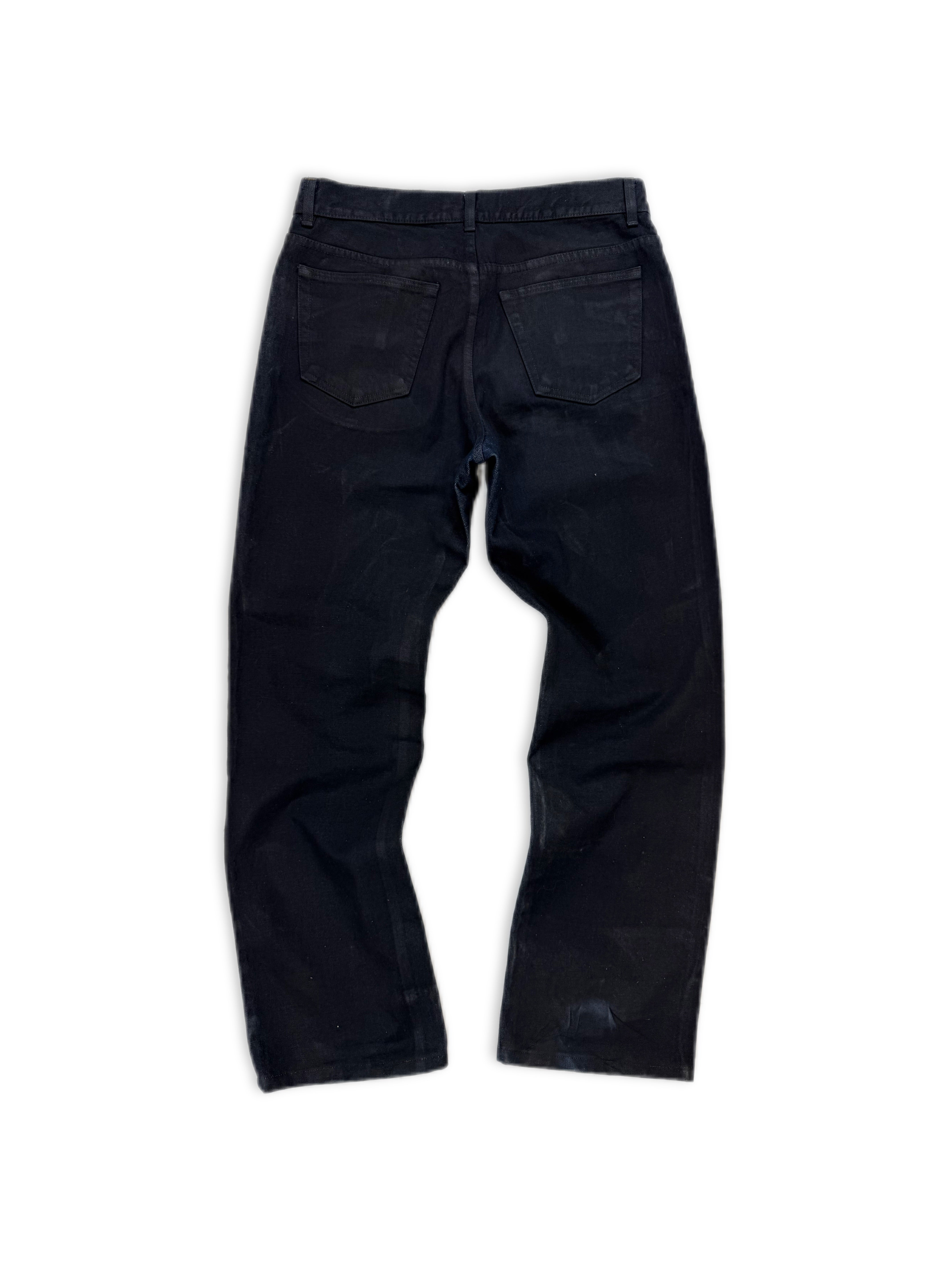 90S HELMUT LANG PAINTED COATED BLACK BOOT CUT BLUE JEANS