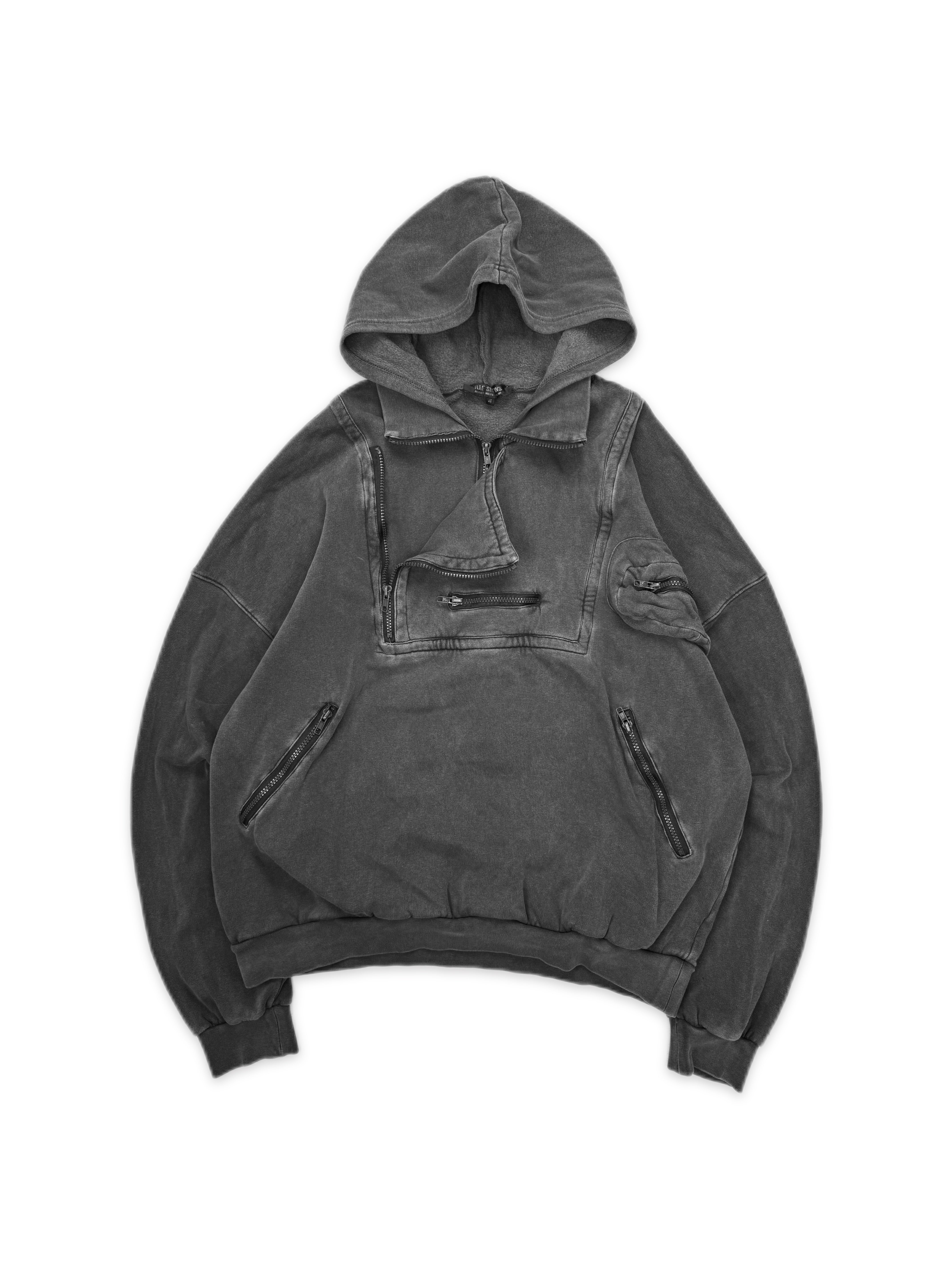 AW04 RAF SIMONS 'WAVES' MULTI POCKET CHARCOAL CARGO HOODIE