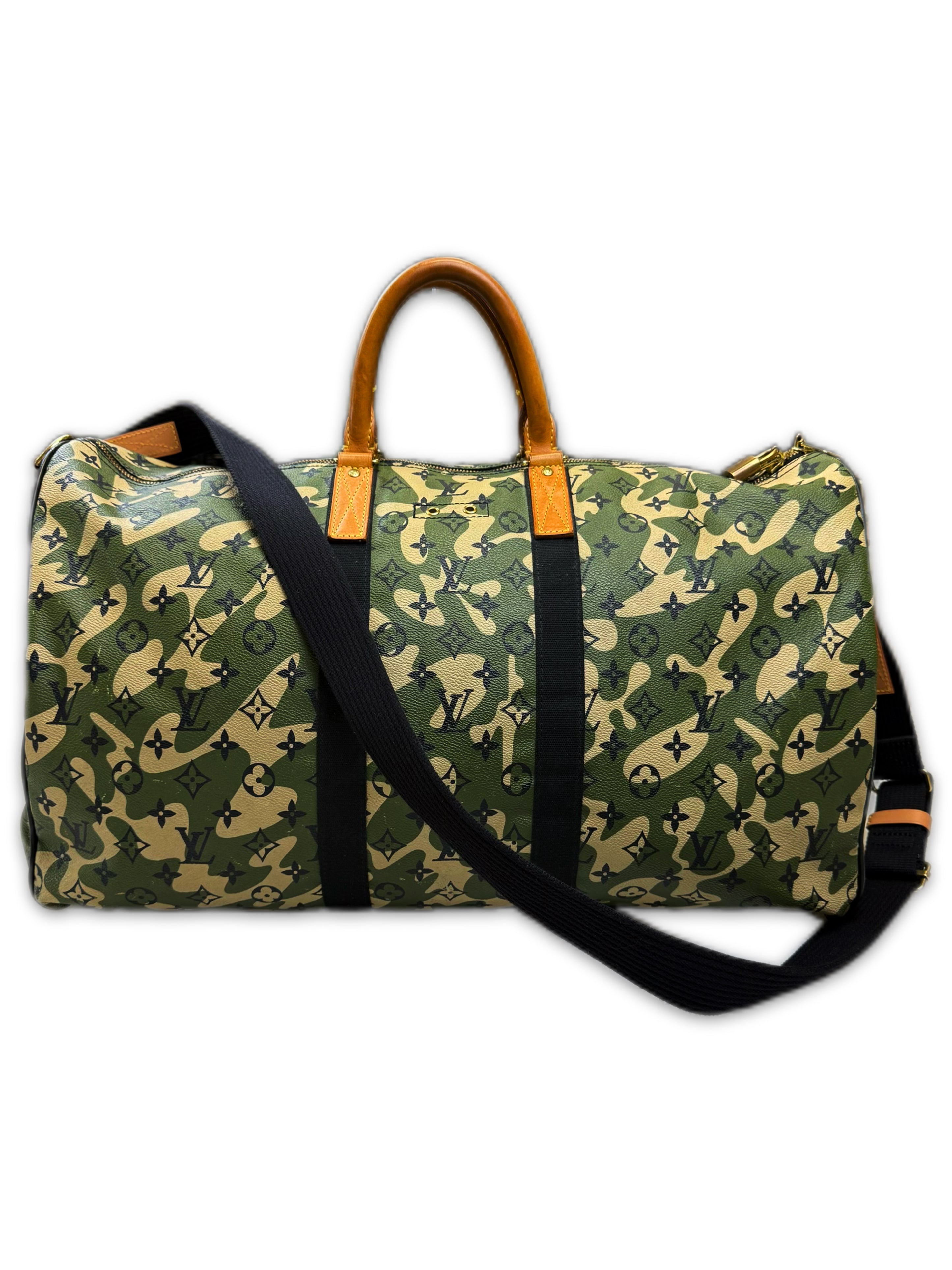 2007 Louis Vuitton x Takahashi Murakami Green Camo Keepall 55 Duffle Bag