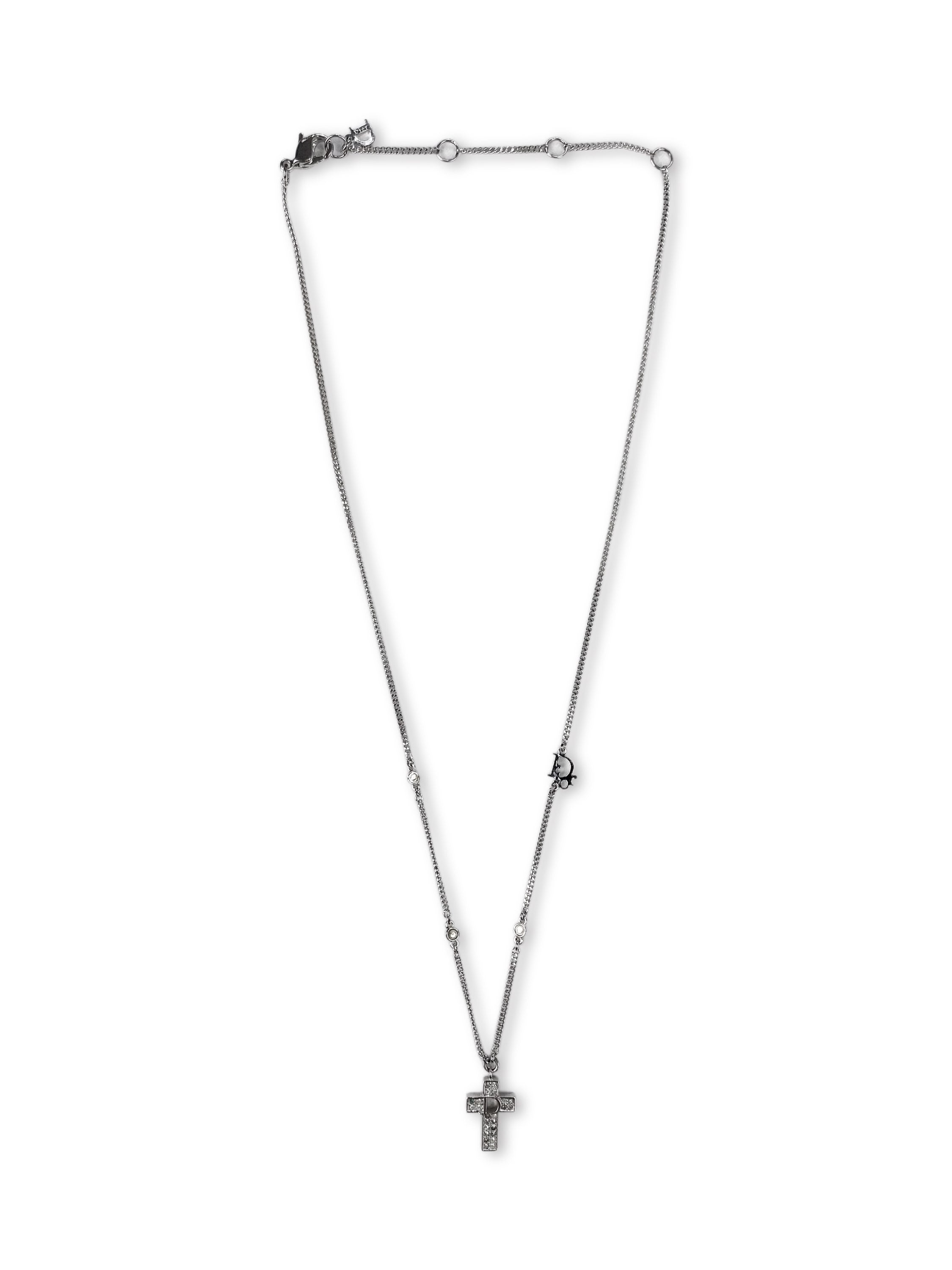 Dior ‘Cross’ Rhinestone Silver Pendant Chain Necklace