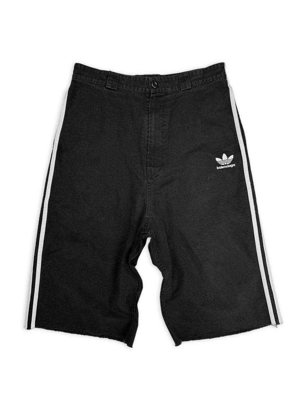 SS23 Balenciaga x Adidas Triple Stipe Black 3/4 Length Ripstop Shorts