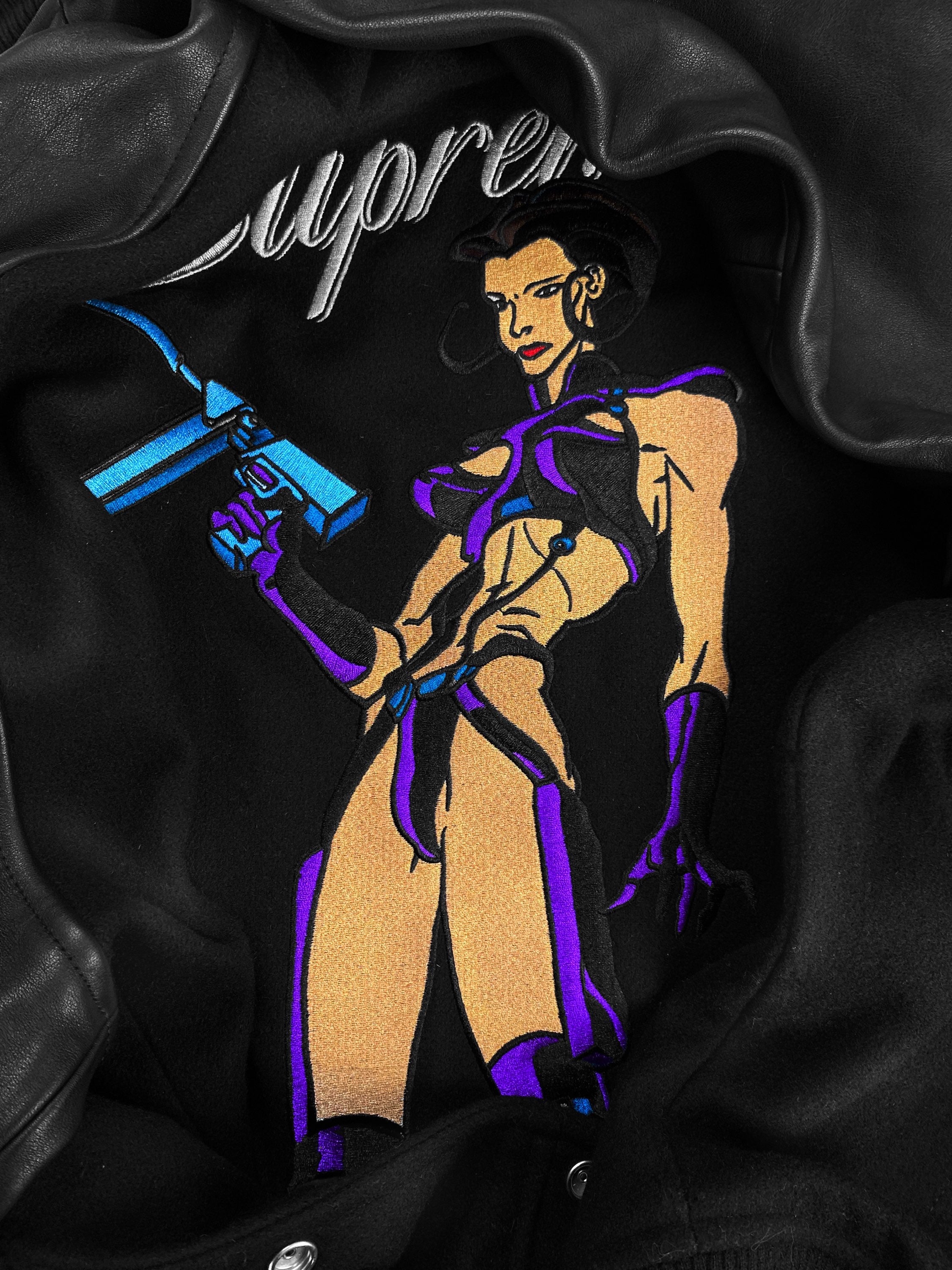 SS22 Supreme x Æon Flux ‘Blink Once’ Black Leather Varsity Jacket