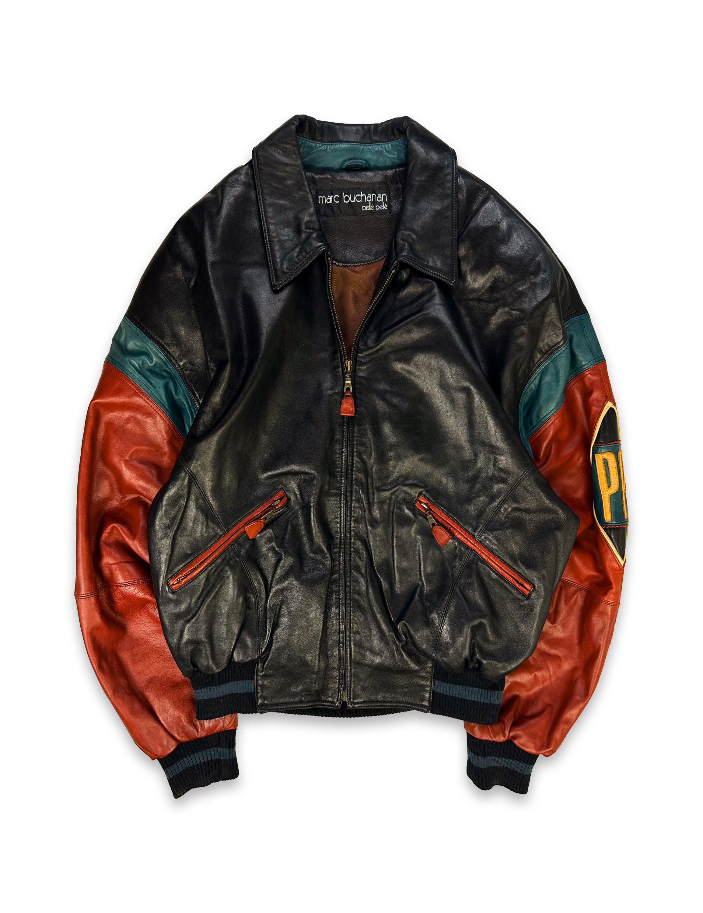90s Pelle Pelle ‘Soda Club’ Patched Globe Leather Jacket