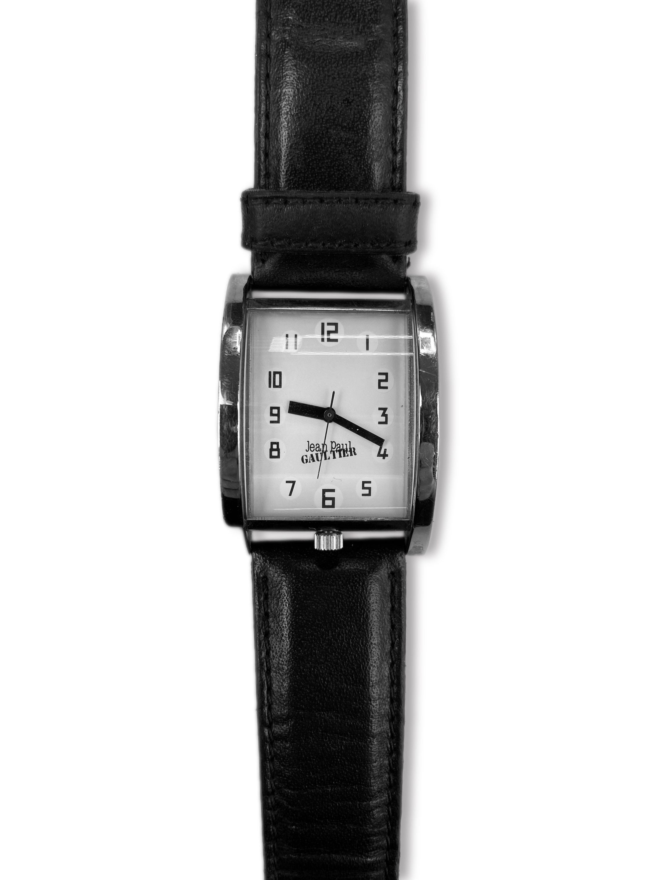 Jean Paul Gaultier Silver Black Leather Logo Watch