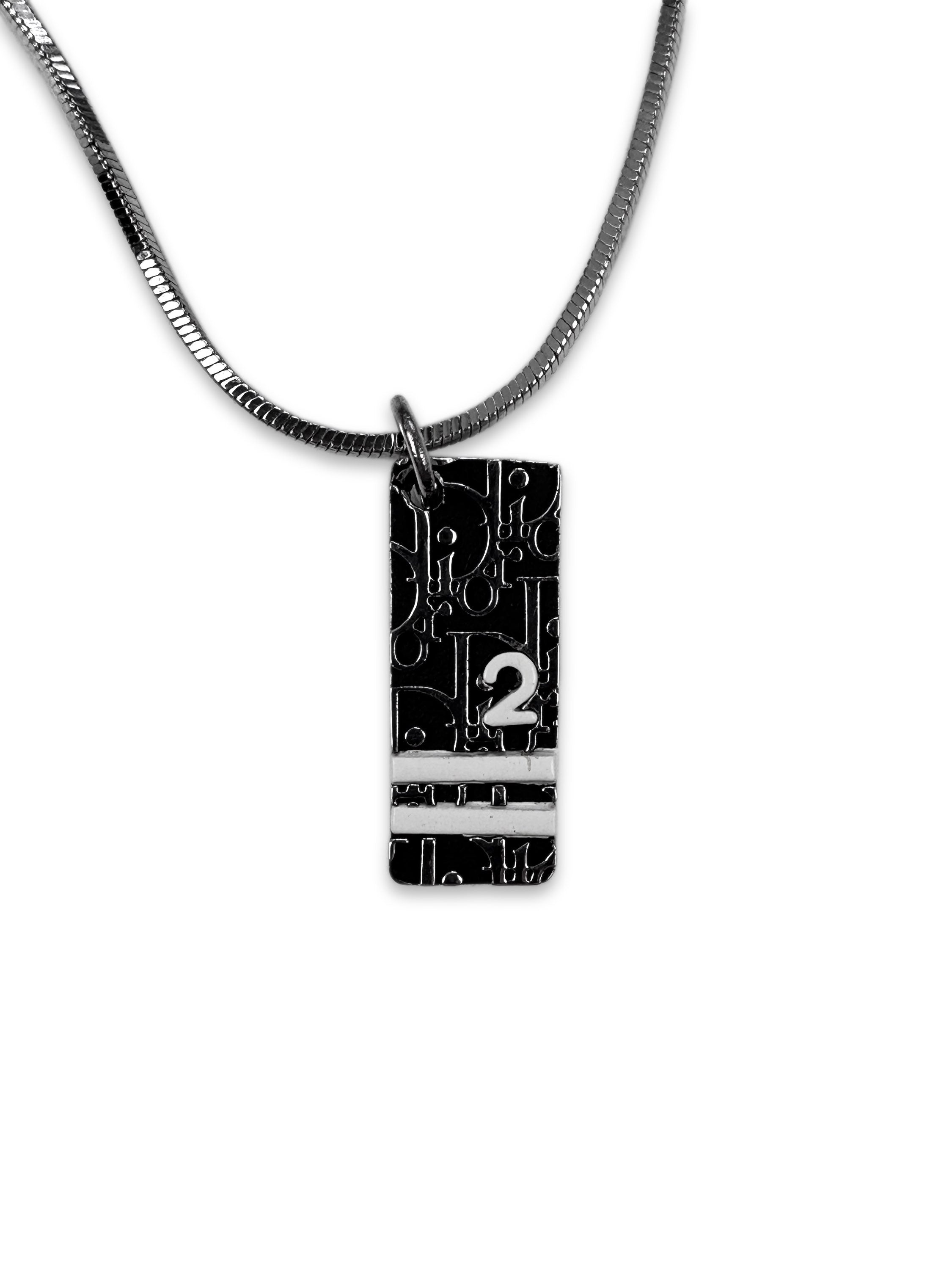 00s Dior ‘2’ Trotter Monogram Black Pendant Silver Necklace
