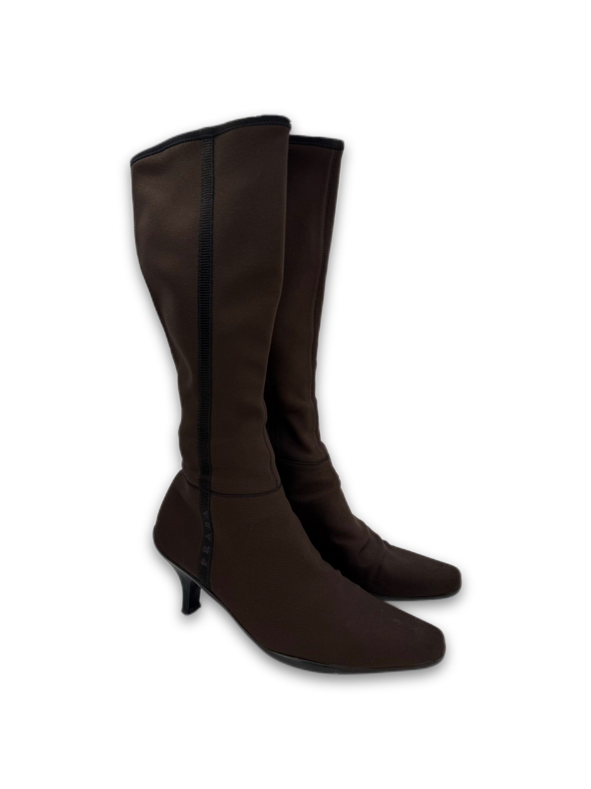 SS99 Prada Dark Brown Nylon Hi-top Logo Heel Boots