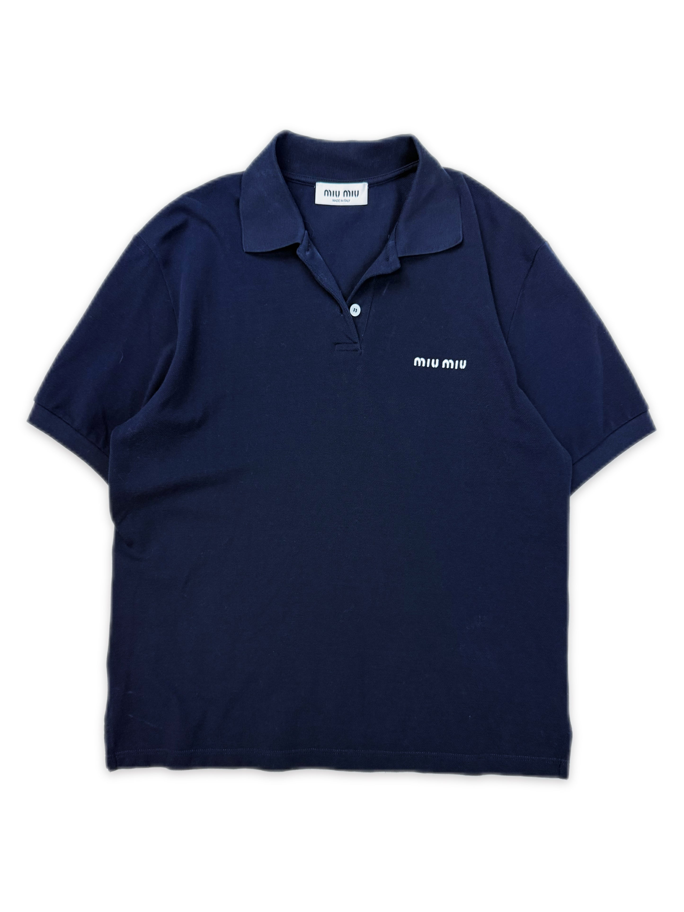 SS24 Miu Miu Embroidered Logo Navy Blue Short Sleeve Polo