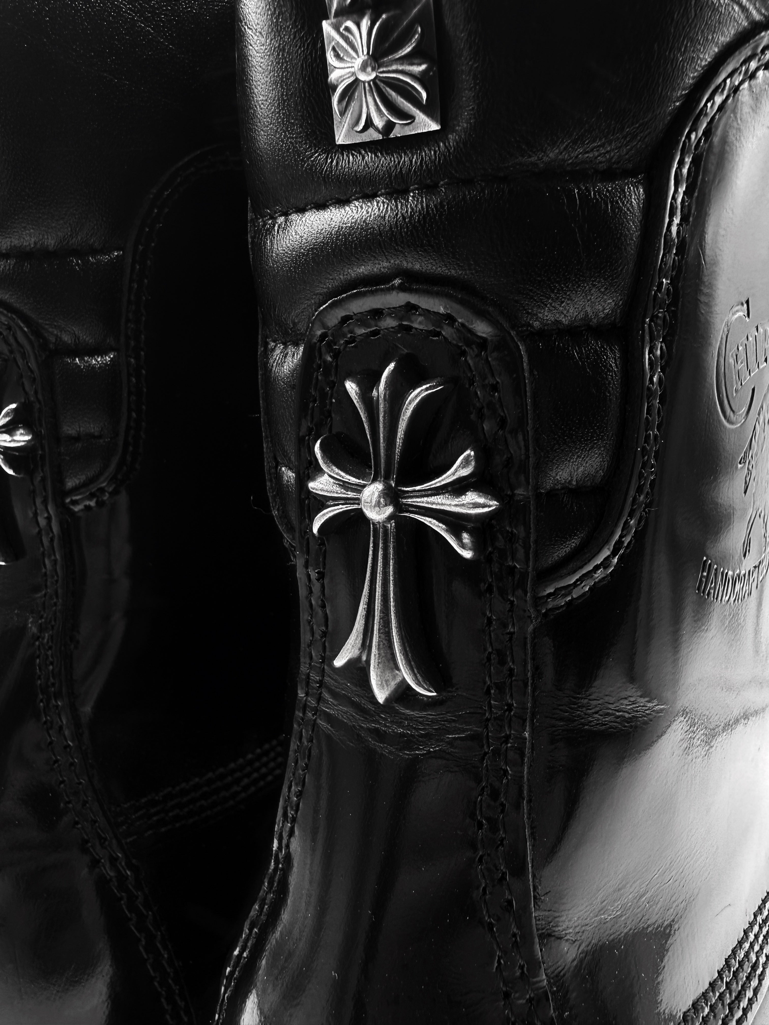 Chrome Hearts x Chippewa Fireman Zip Pyramid Stud Cross Patent Leather Boots
