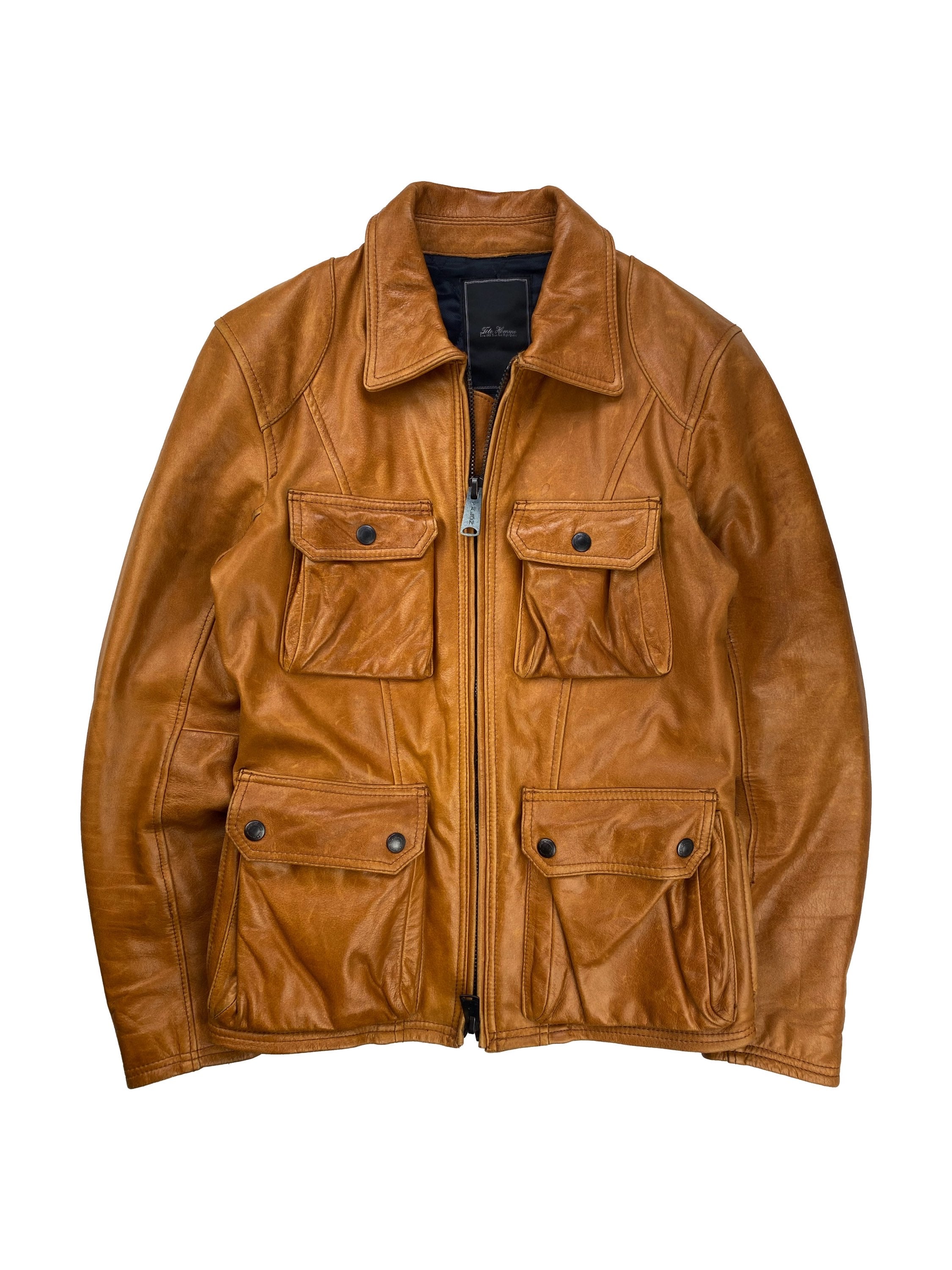 Tete Homme Caramel Brown Multi Cargo Pocket Leather Jacket