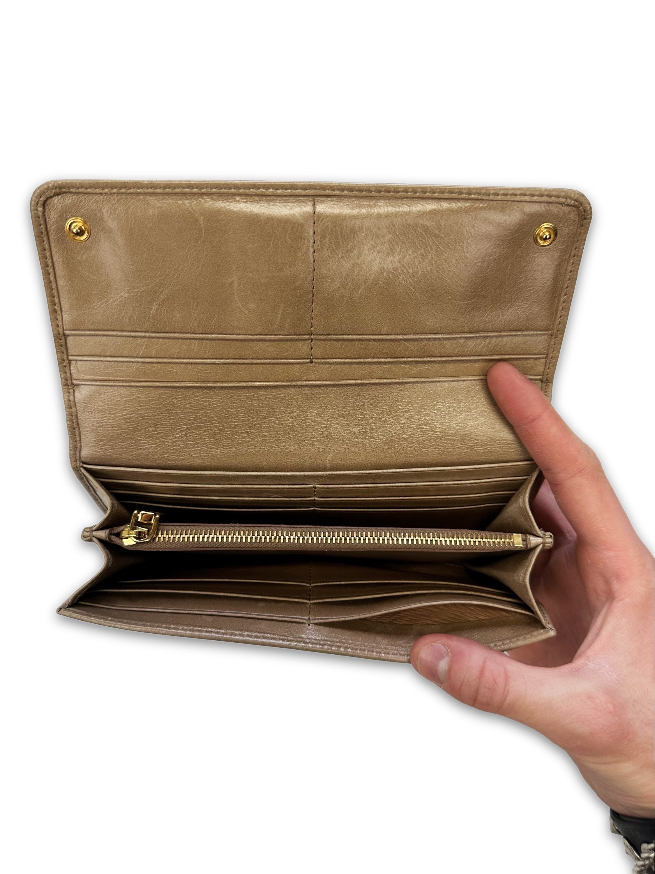 00s Miu Miu ‘Ribbon’ Tan Leather Bifold Long Wallet