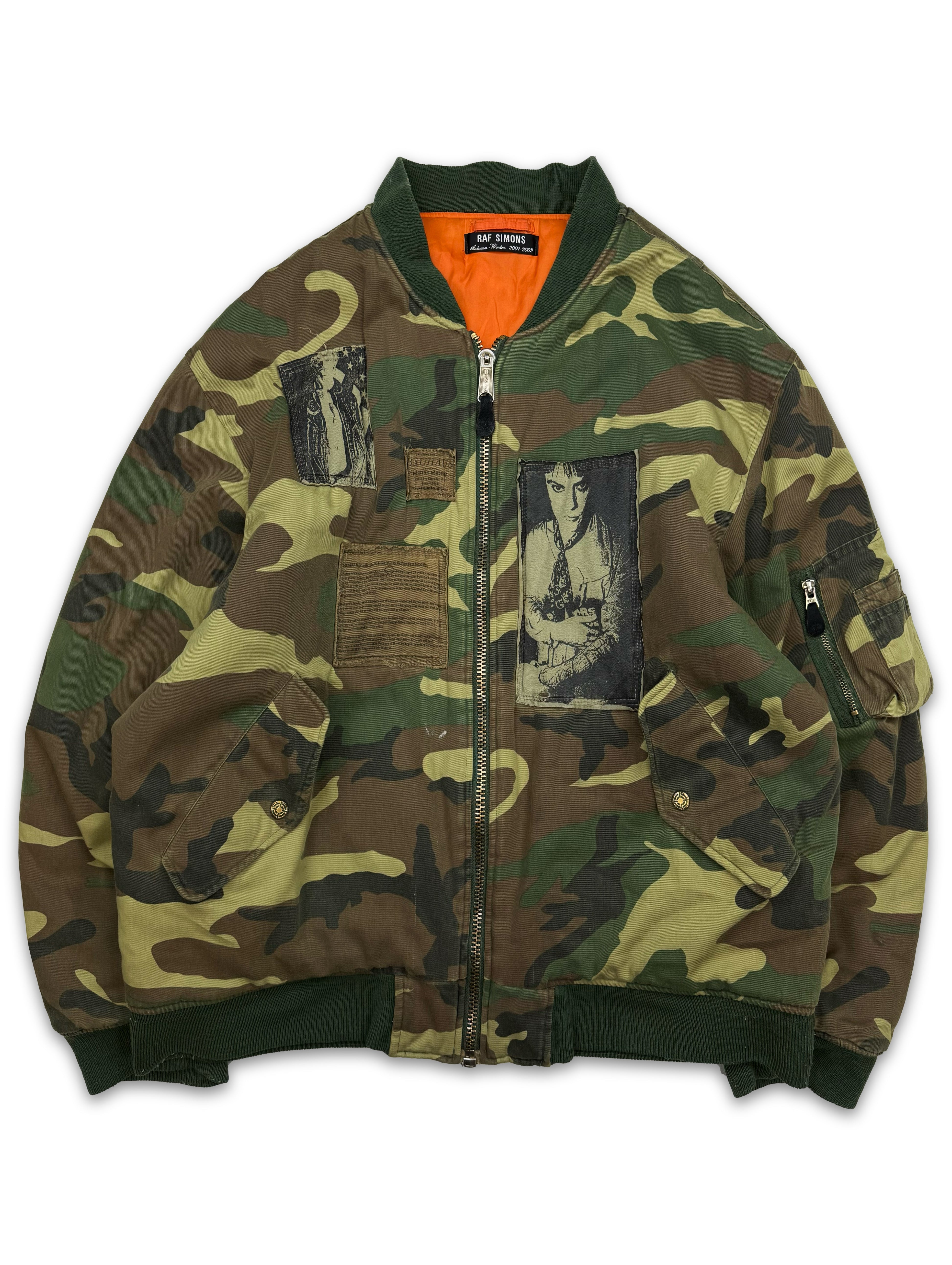 AW01 Raf Simons ‘Riot Riot Riot’ Camouflage Patched Bomber Jacket
