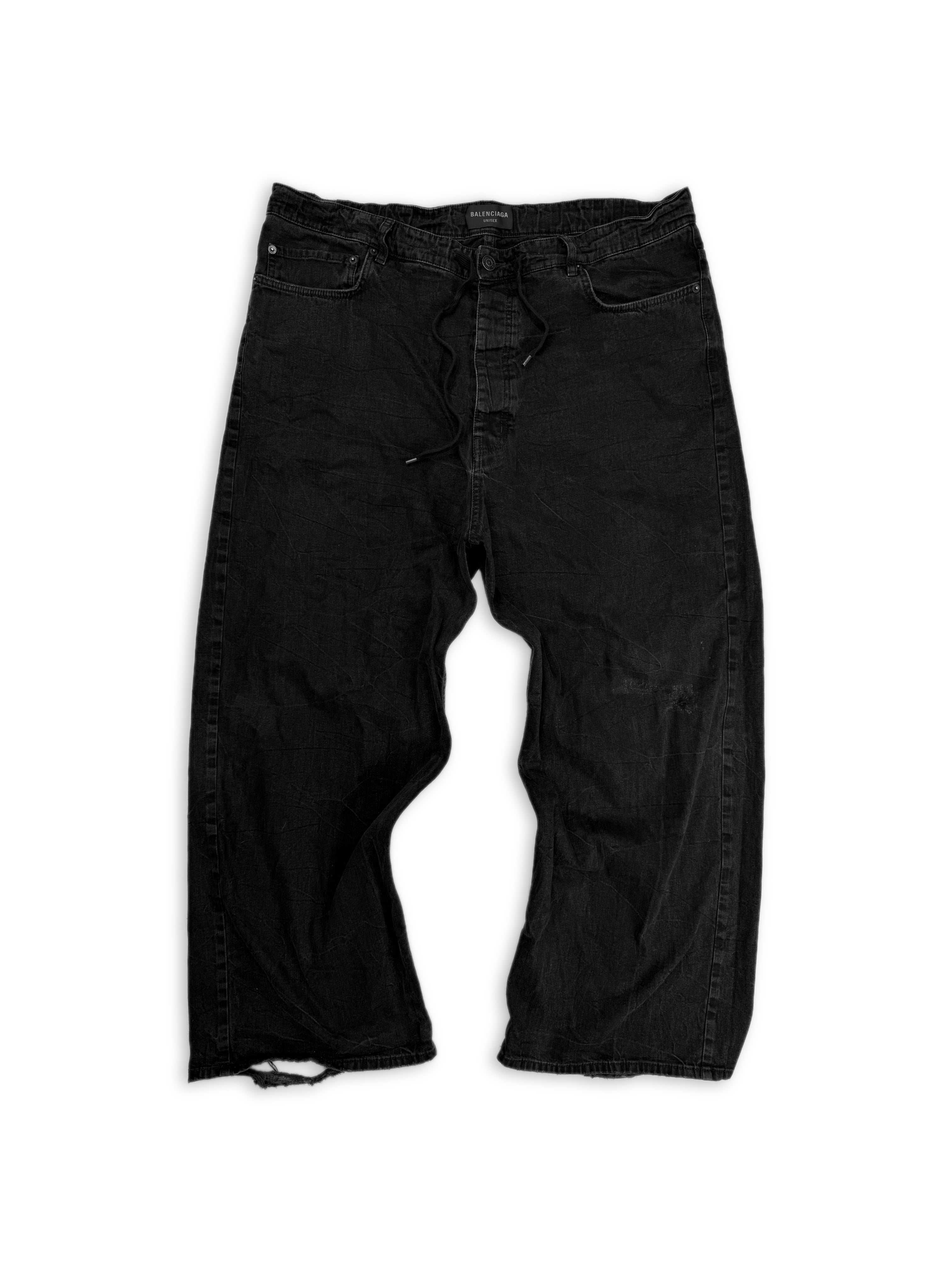 AW23 Balenciaga Drawstring Wide Leg Washed Black Denim