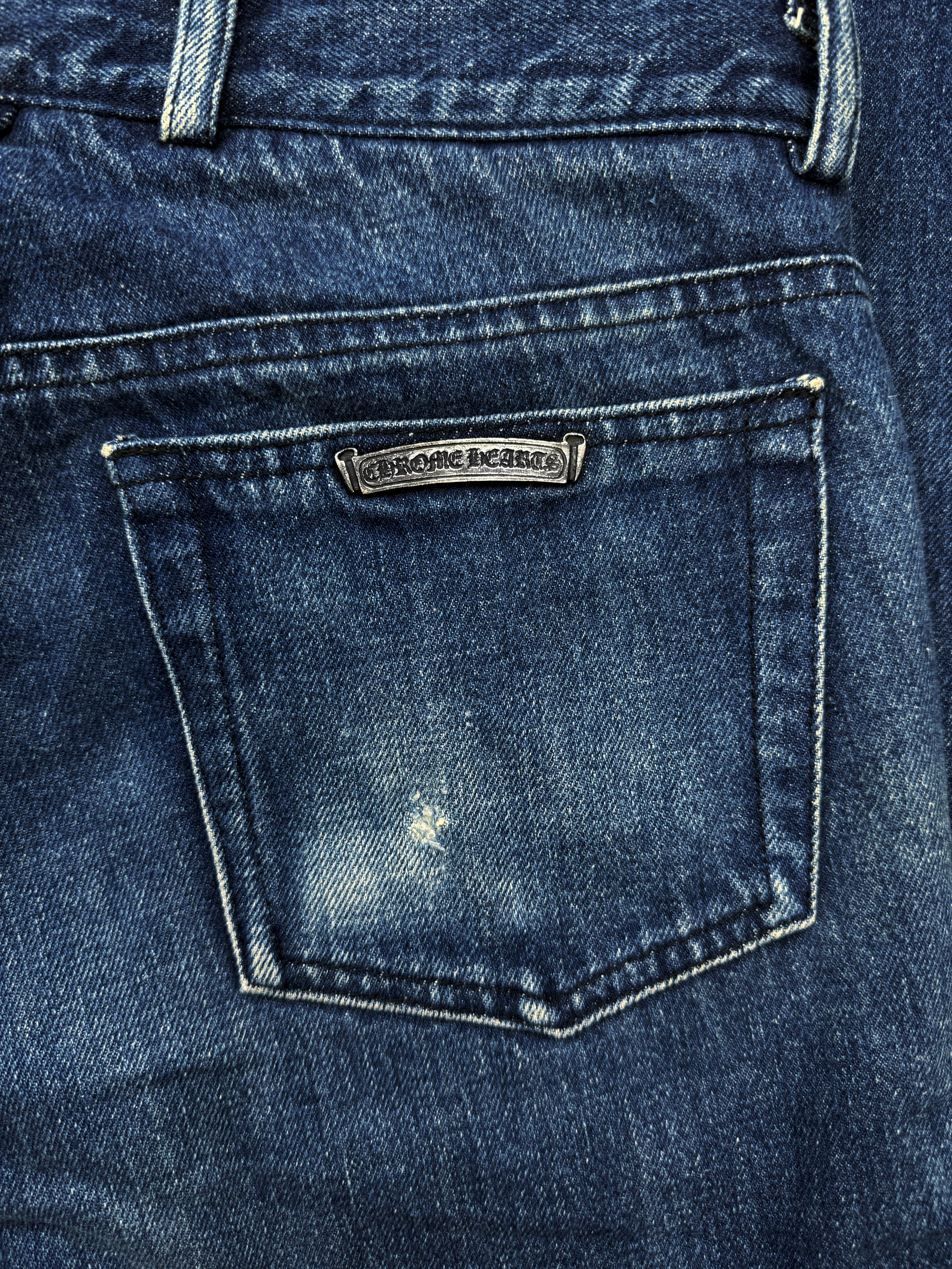 Chrome Hearts ‘5 Pocket’ Scroll Logo Blue Wash Boot Cut Jeans