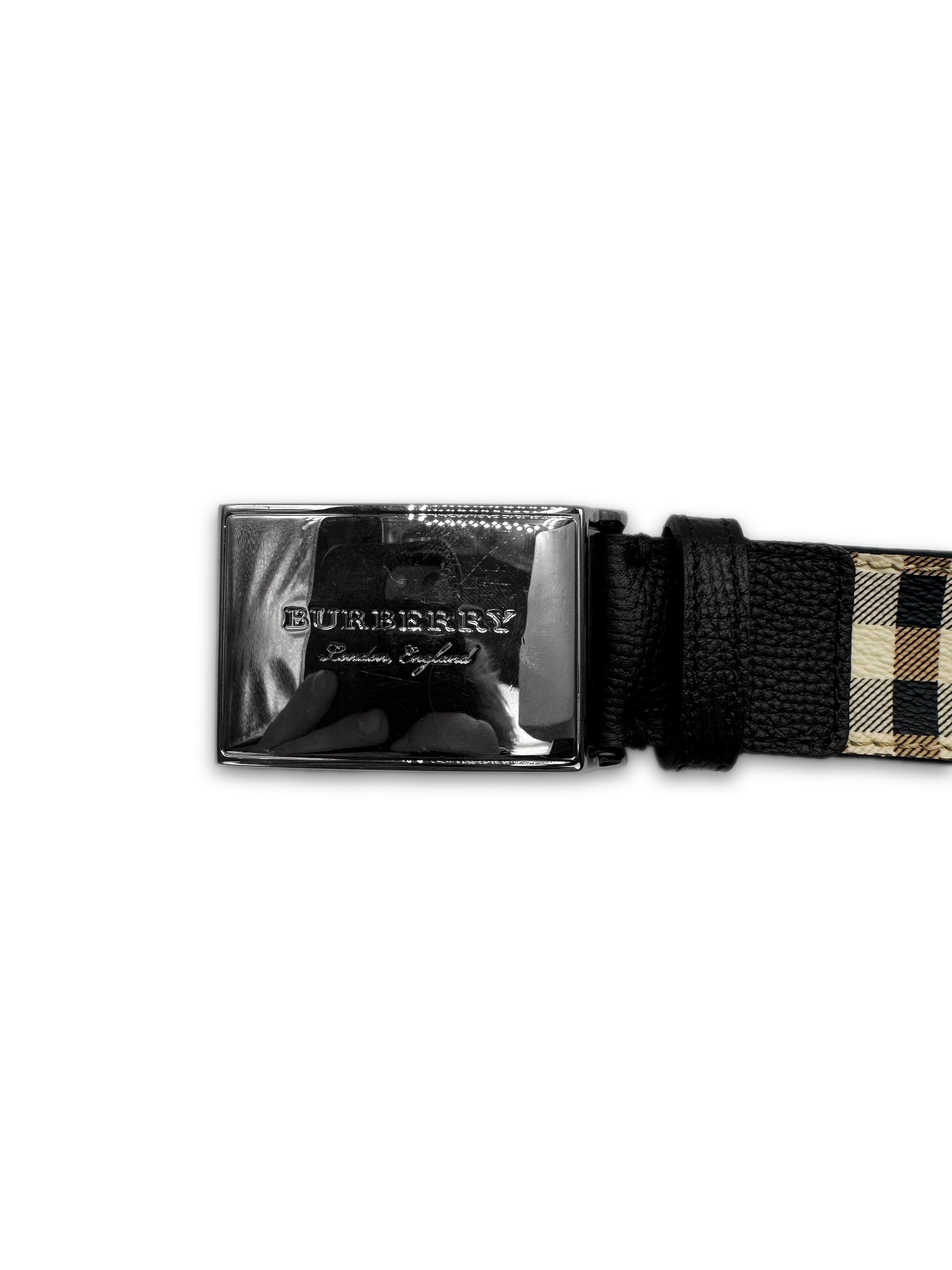 Burberry Nova Check Square Etched Logo Buckle Leather Belt