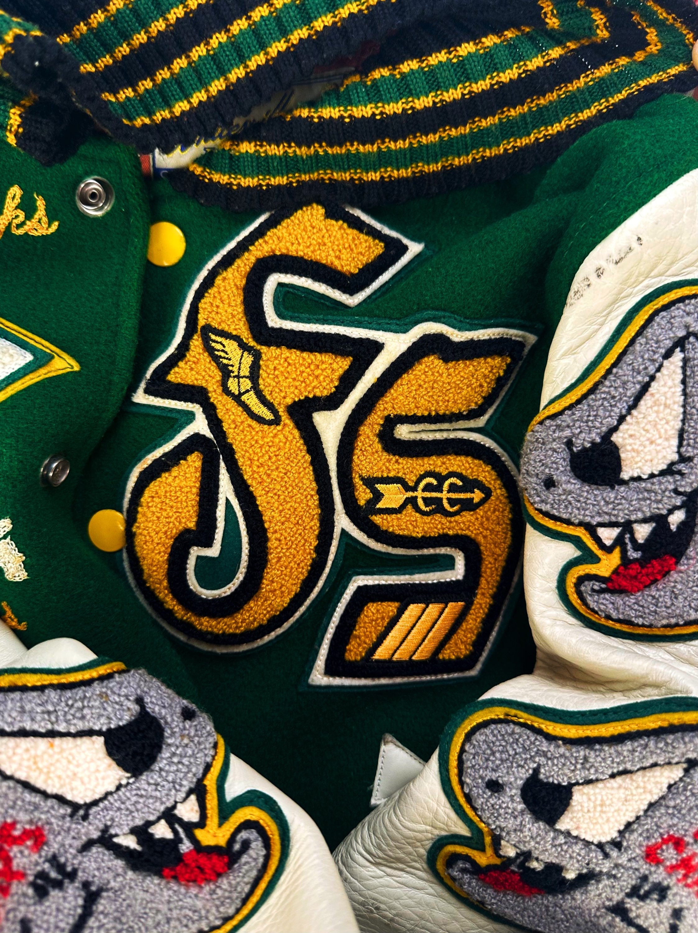 00s Whitesville ‘Flying Sharks’ Leather Chenille Patched Varsity Jacket