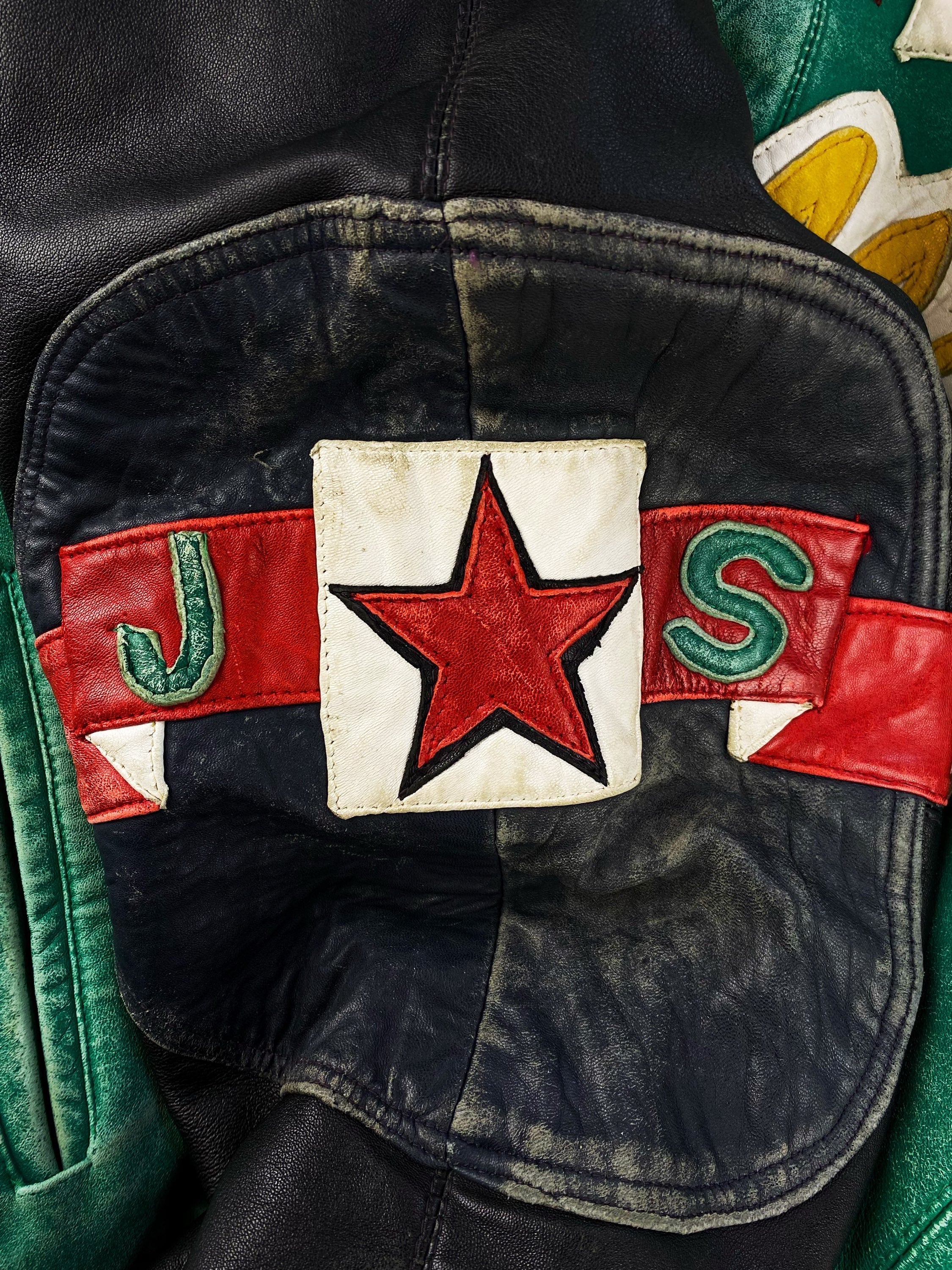 90S PELLE PELLE 'JACKSONS' WASHED TEAL PATCHED LEATHER JACKET