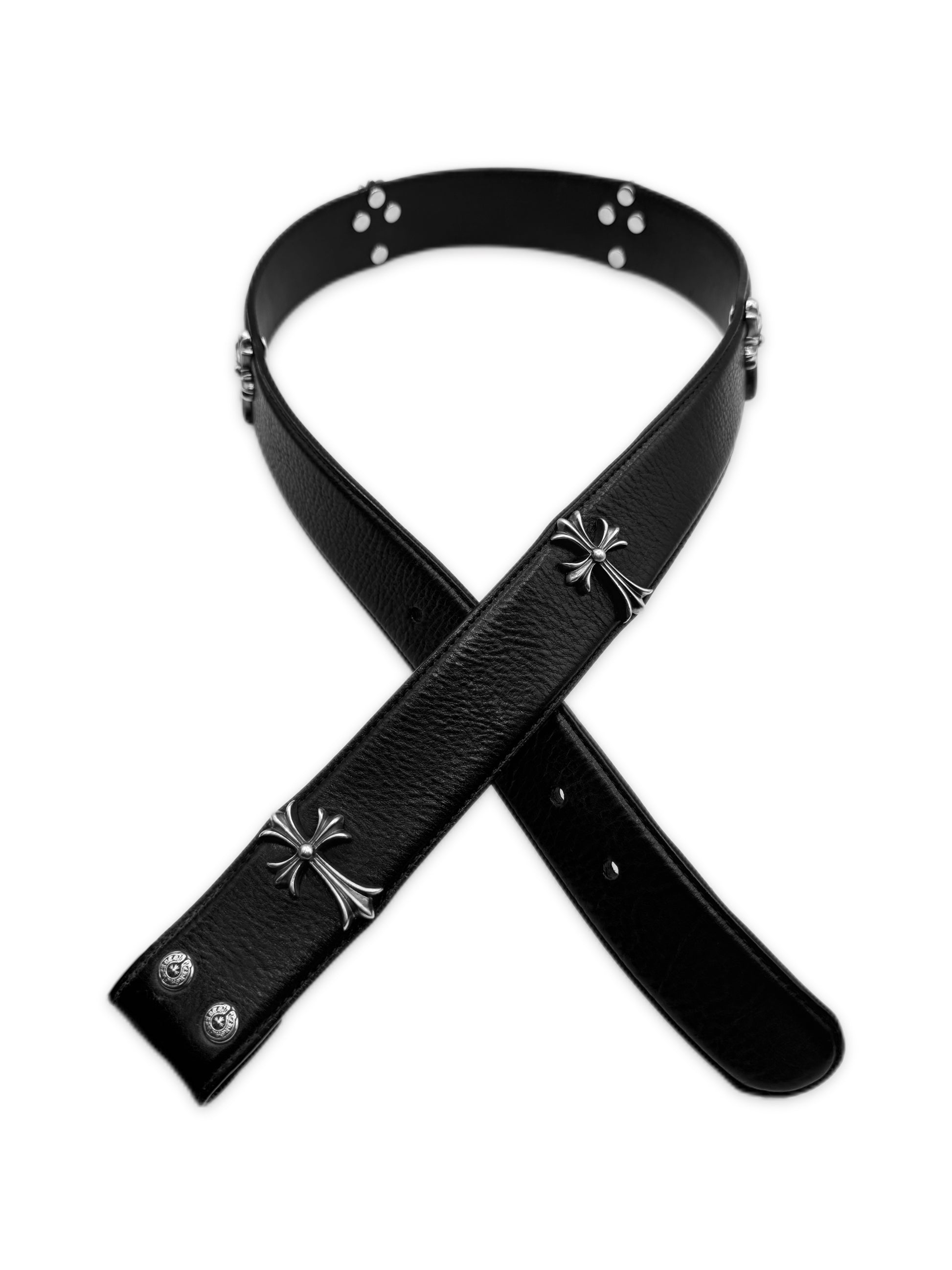 Chrome Hearts Cemetery Cross Pendant Black Leather .925 Silver Belt Strap