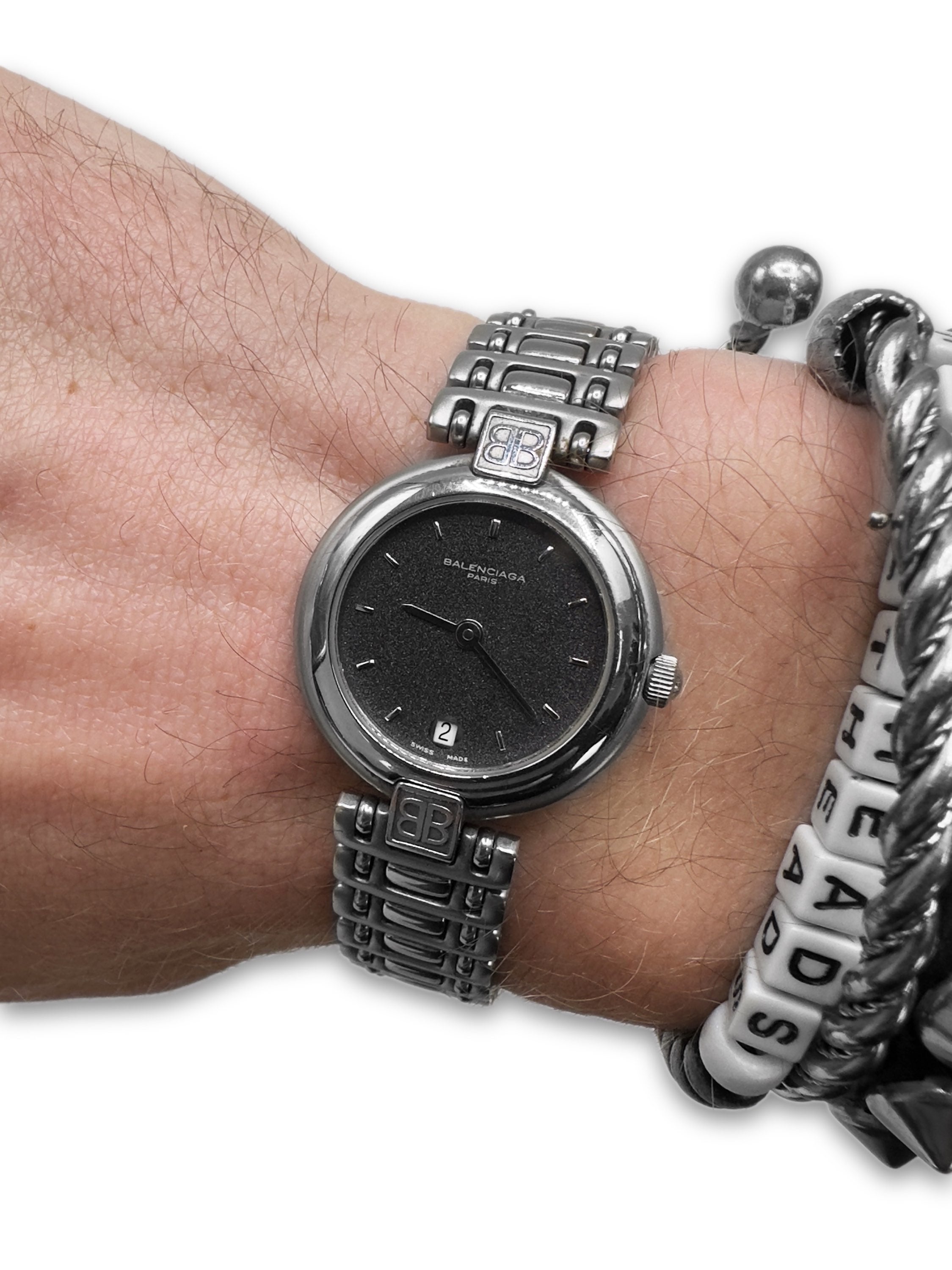 00s Balenciaga Paris Slate Face Silver Wrist Watch