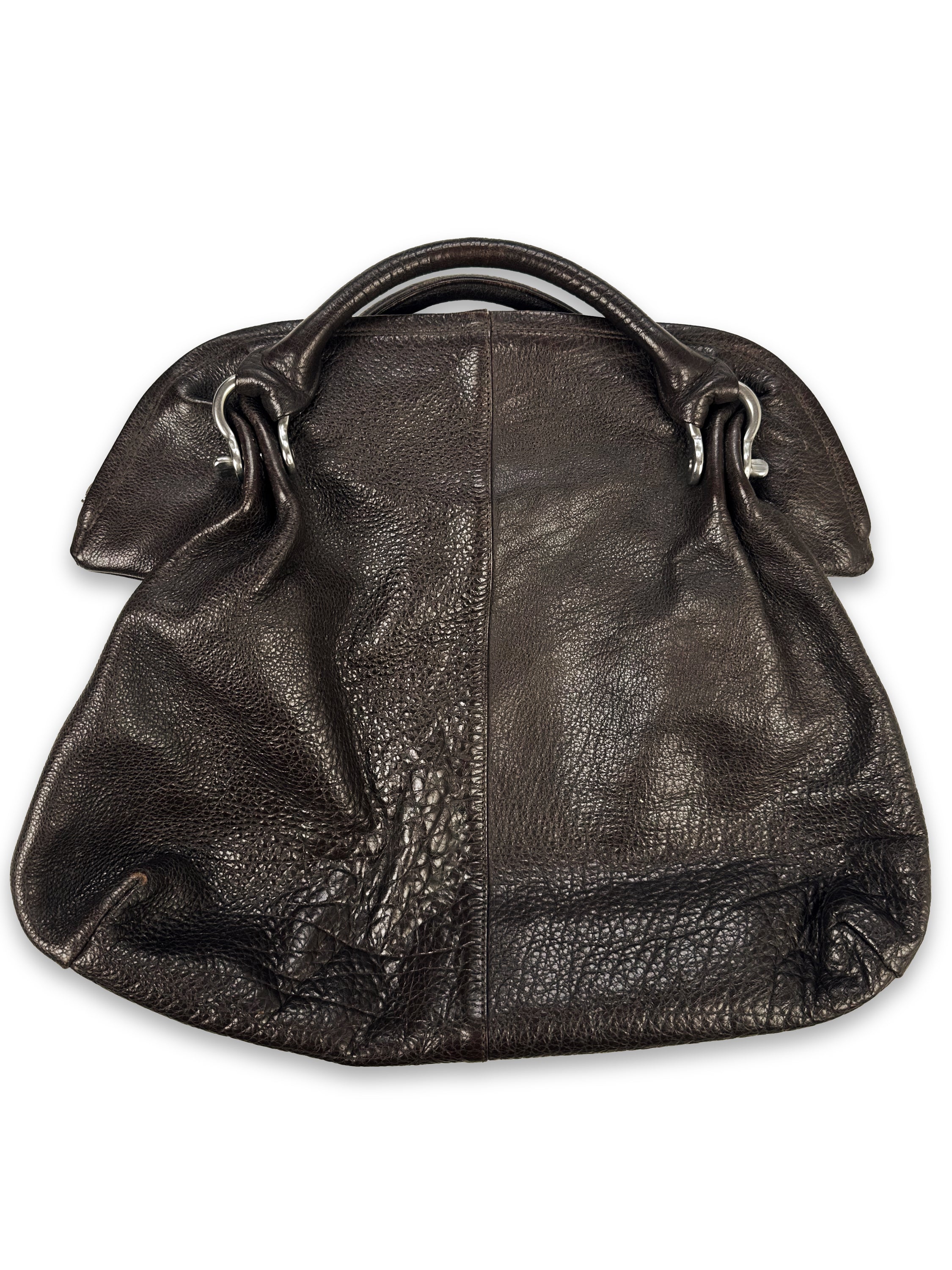 90s Issey Miyake Brown Leather Top Zip Hand Bag