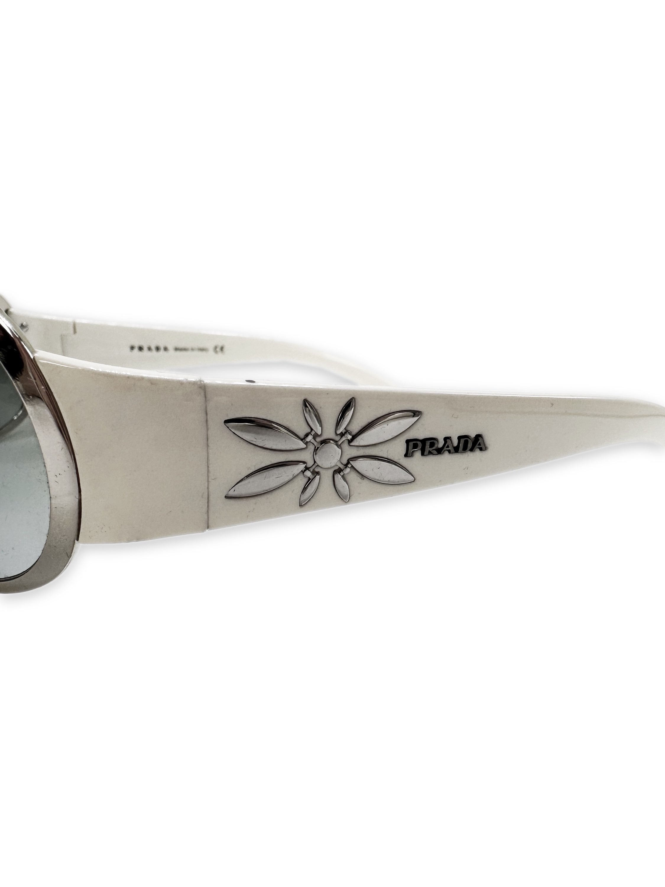 00s Prada Aviator ‘Studded’ Silver Logo Blue Tint Sunglasses