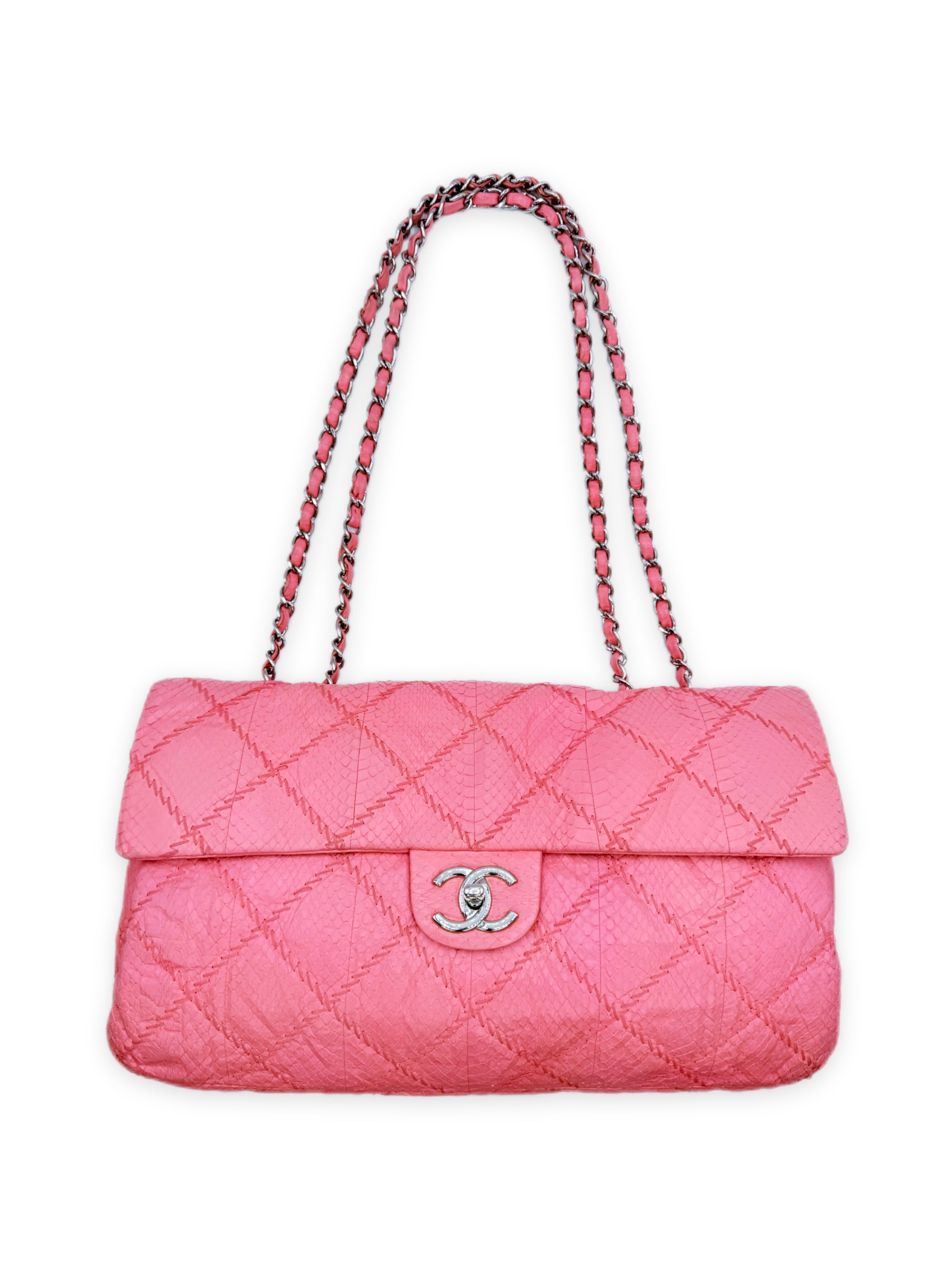 AW11 Chanel Baby Pink Python Leather Ultimate Stitch Large Flap Bag