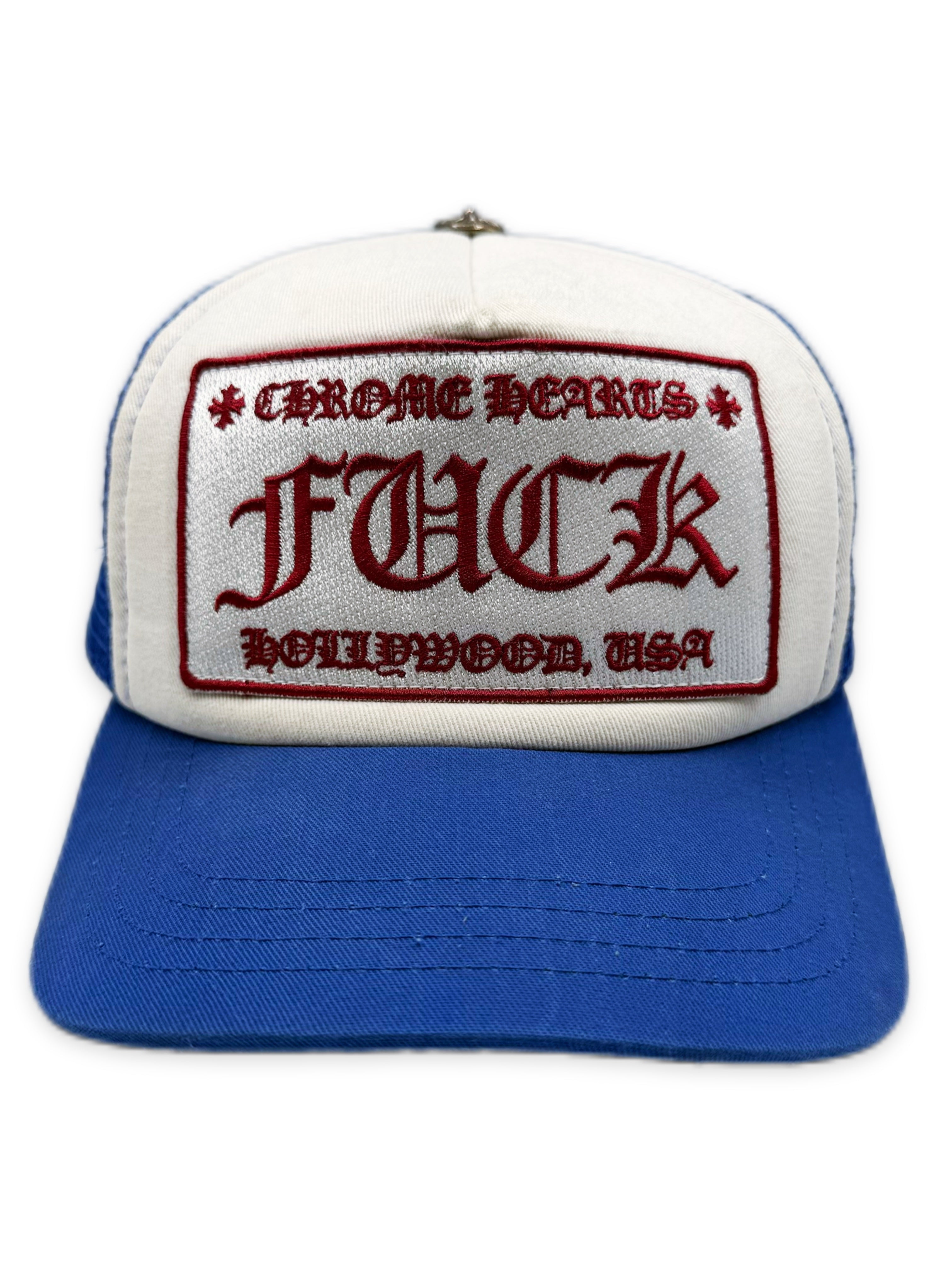 Chrome Hearts ‘Fuck’ Hollywood Exclusive Blue Mesh Trucker Hat