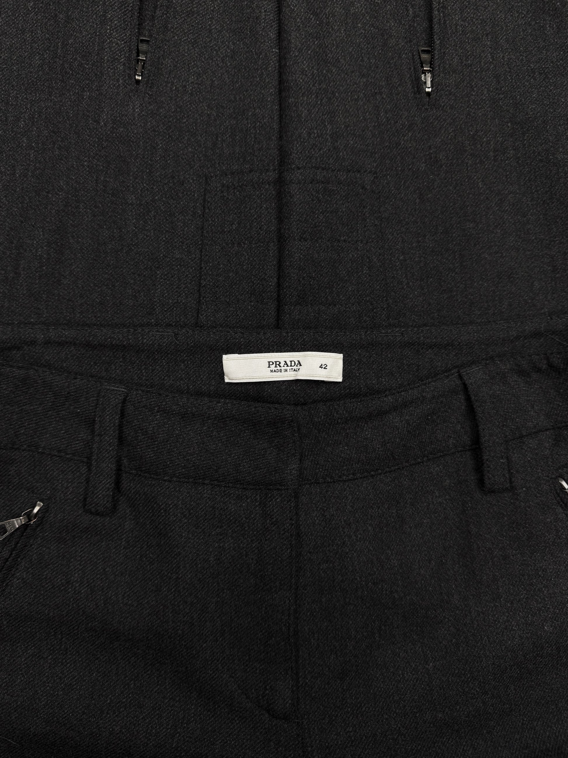 90s Prada Grey Angular Zipper Slim Cut Flared Riding Pants