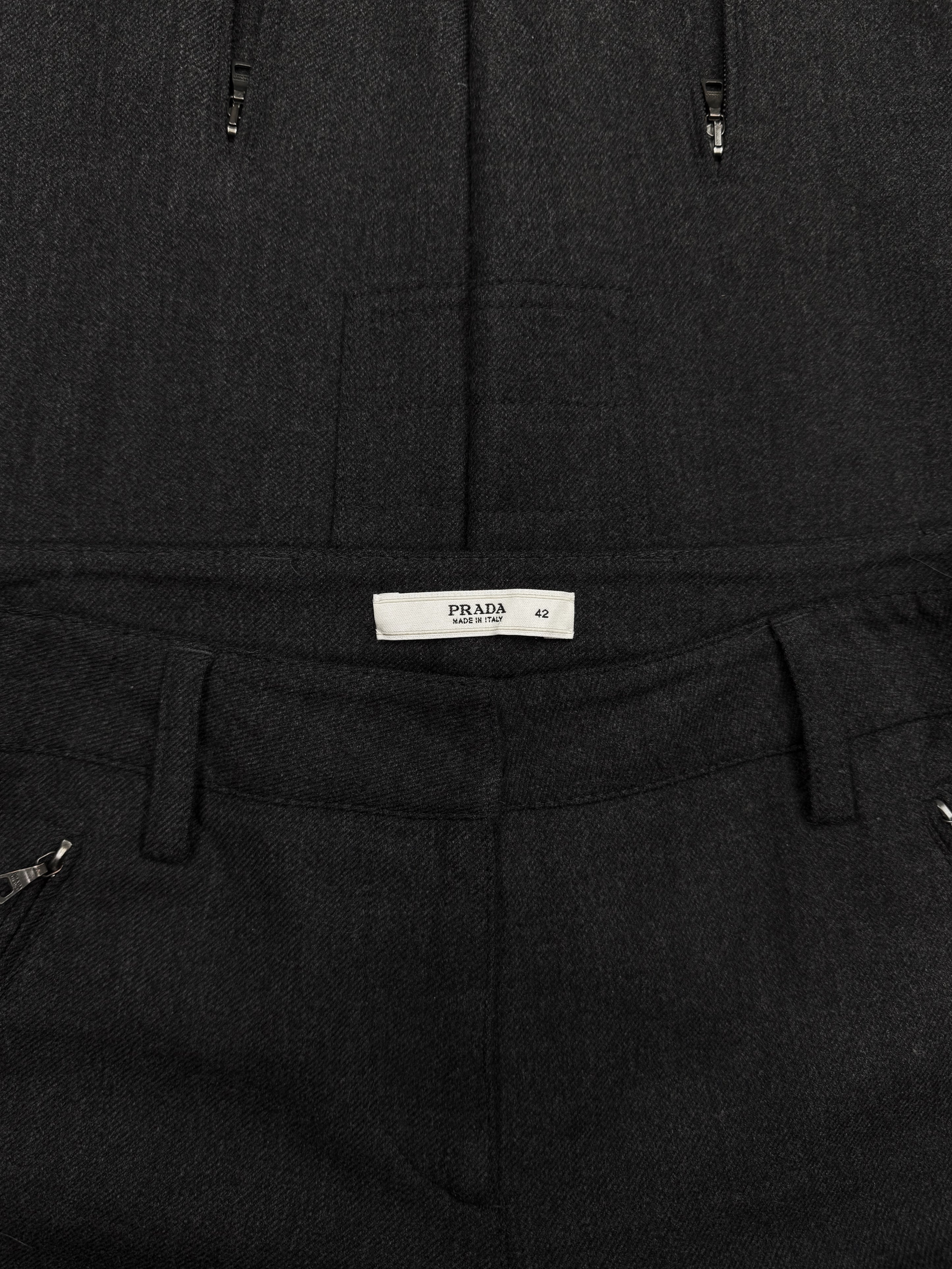 90s Prada Grey Angular Zipper Slim Cut Flared Riding Pants