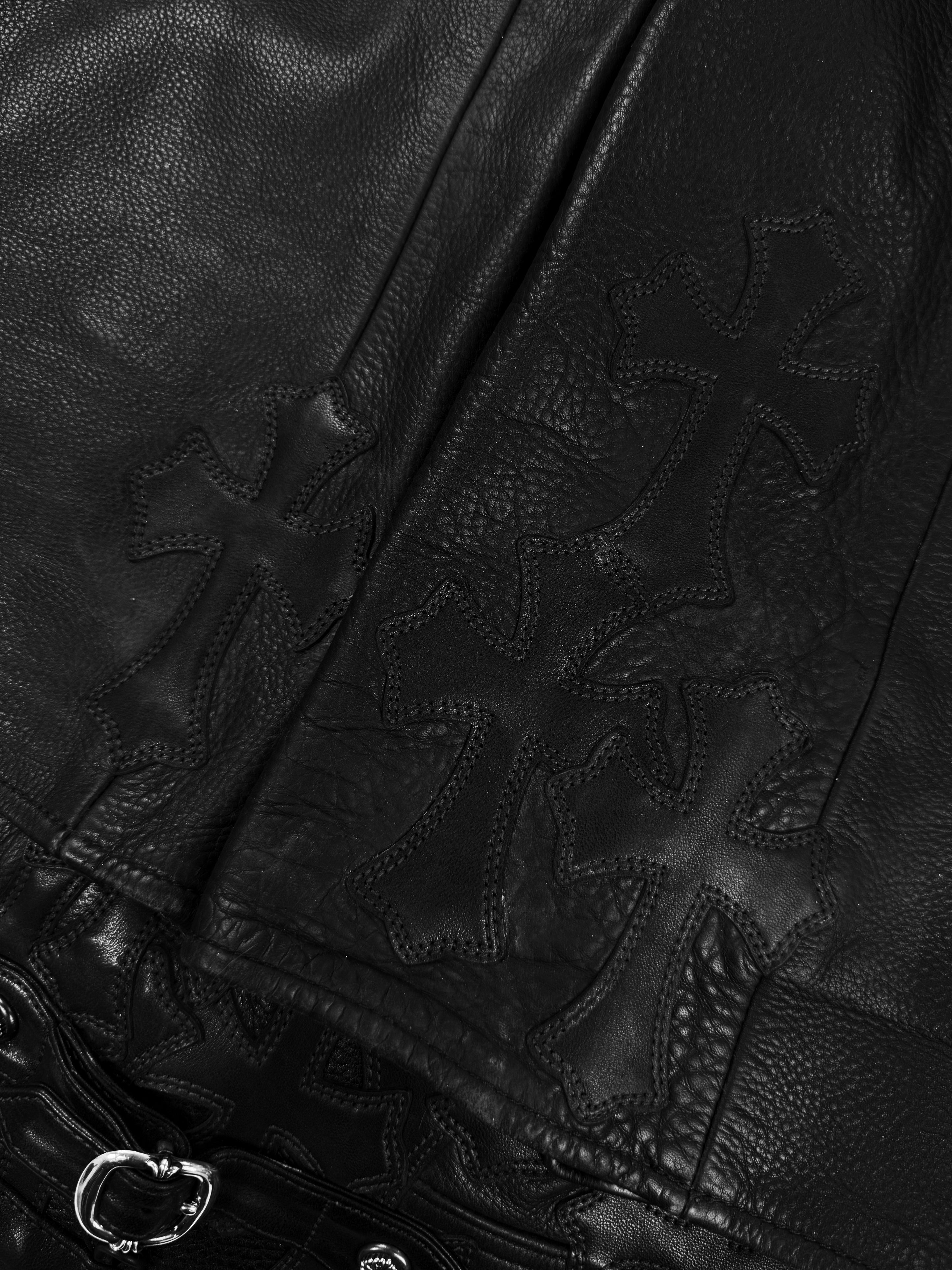 Chrome Hearts 30 Cross Patch Back Buckle Gunslinger Leather Fleur Knee Pants