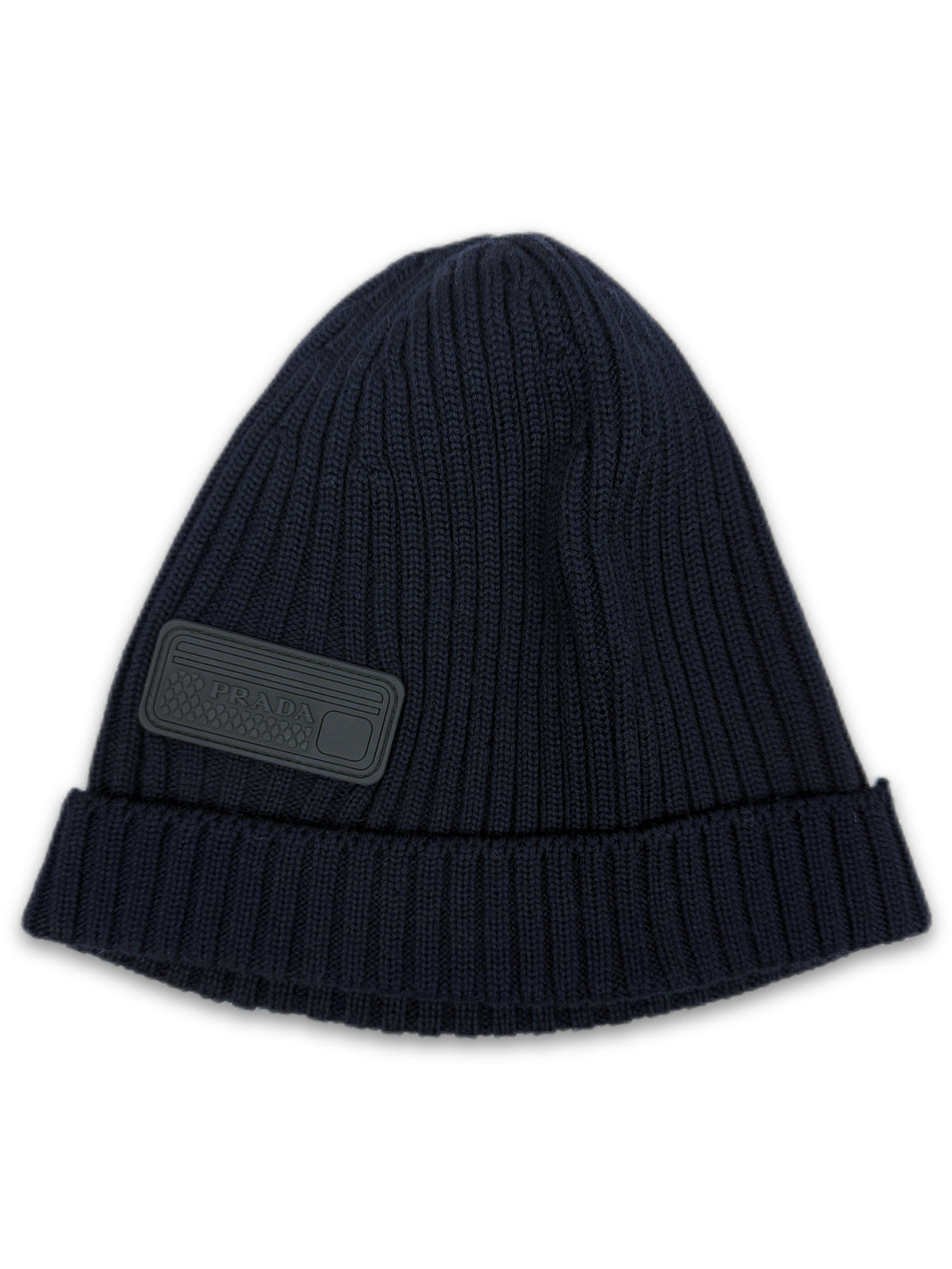 Prada Dark Blue Ribbed Knit Patch Logo Beanie