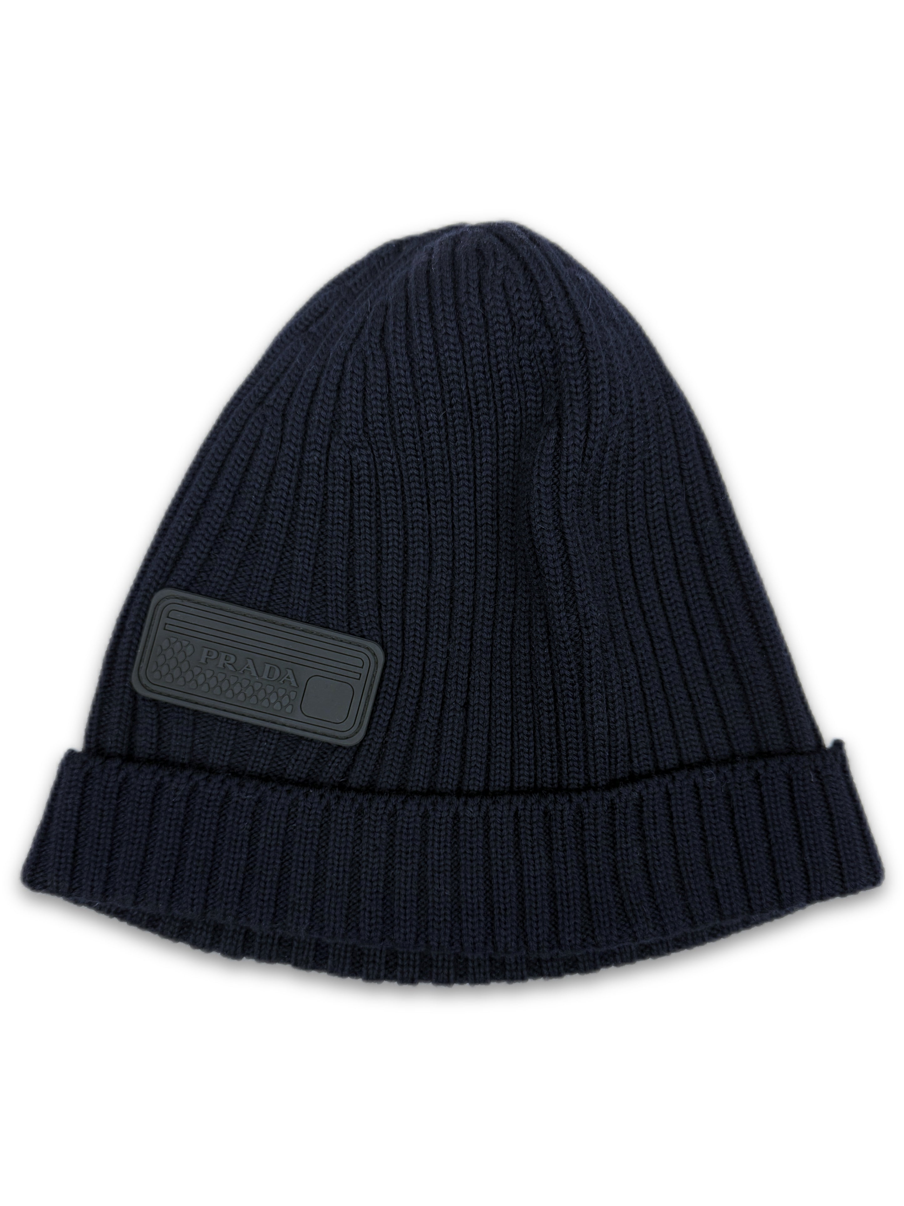 Prada Dark Blue Ribbed Knit Patch Logo Beanie