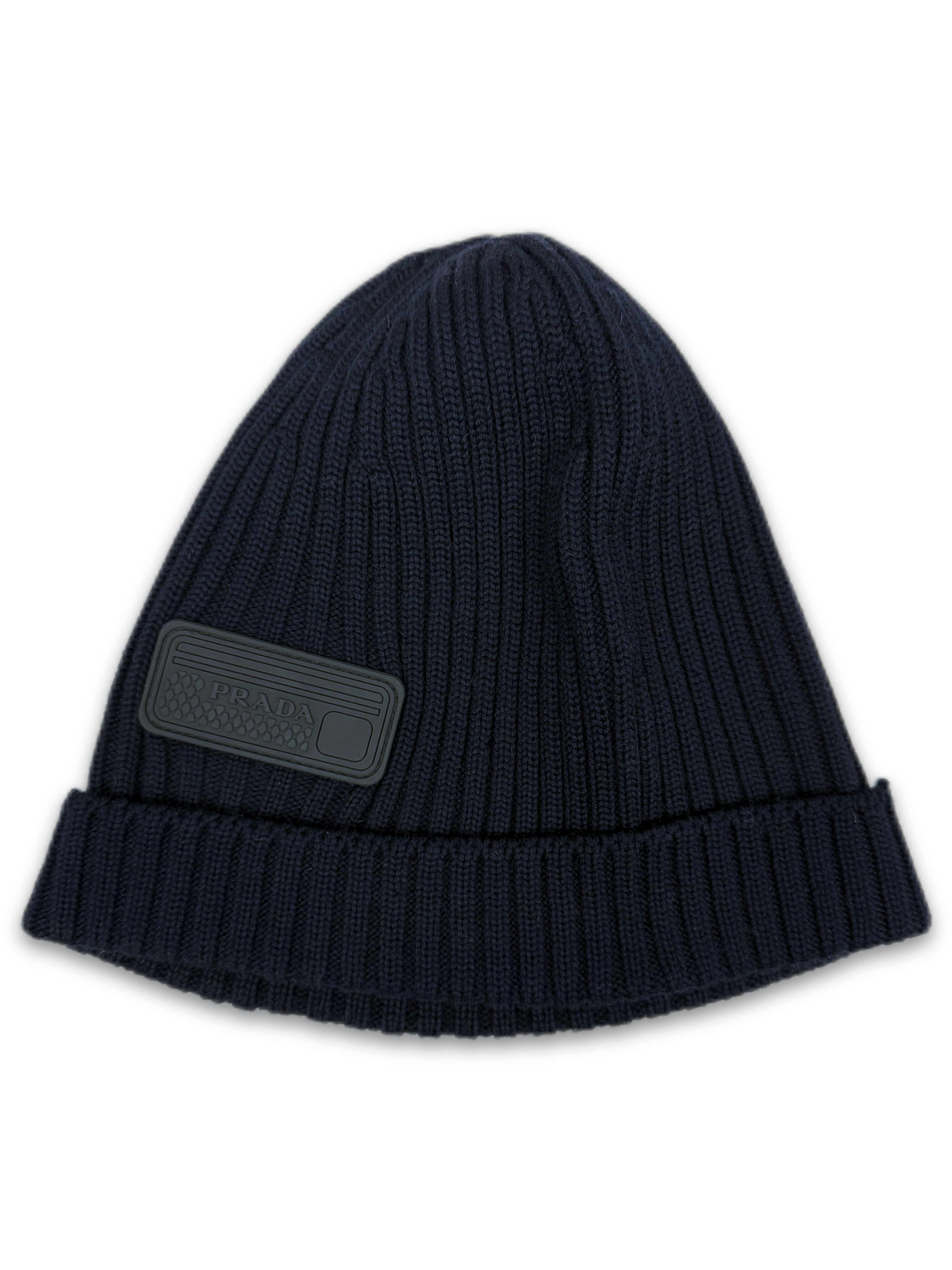 Prada Dark Blue Ribbed Knit Patch Logo Beanie
