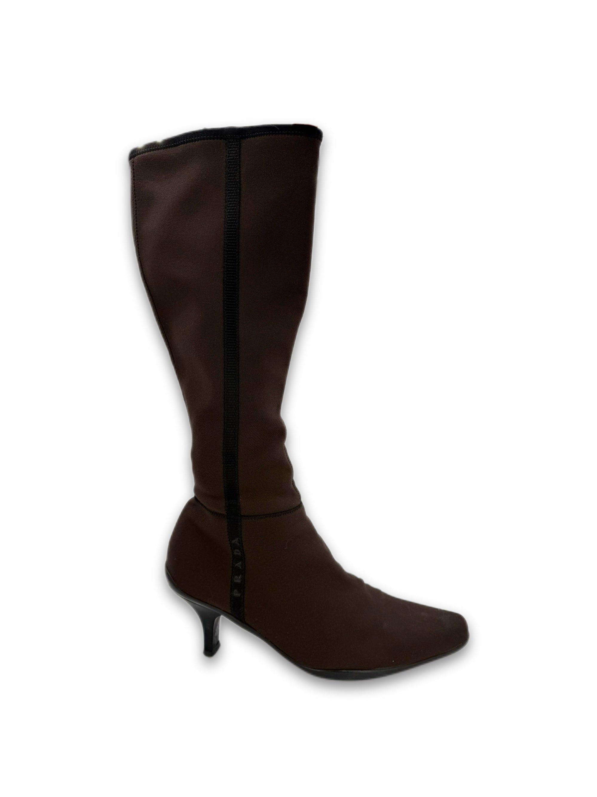 SS99 Prada Dark Brown Nylon Hi-top Logo Heel Boots