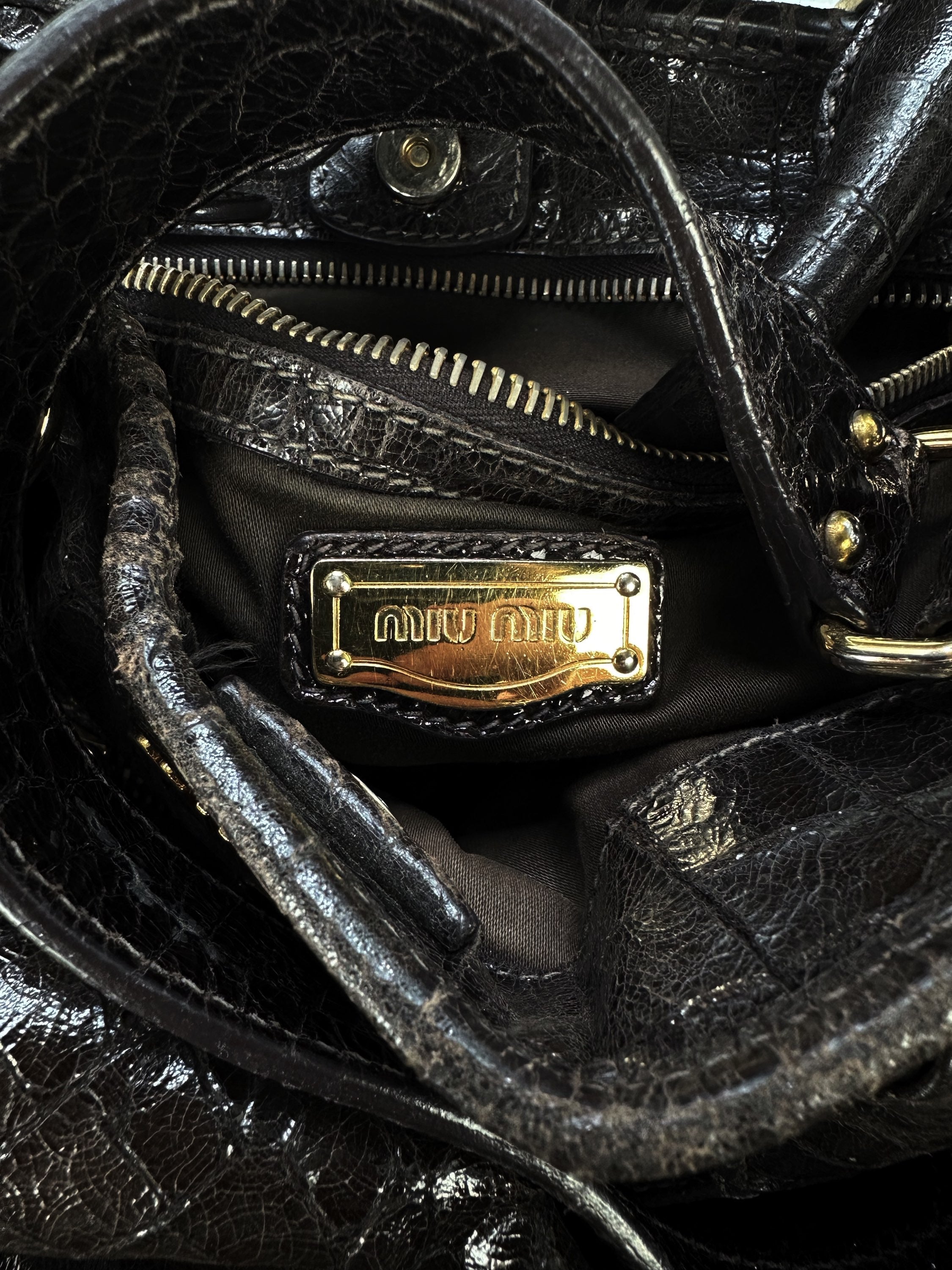 00s Miu Miu Dark Brown Leather Crocodile Shoulder Bag