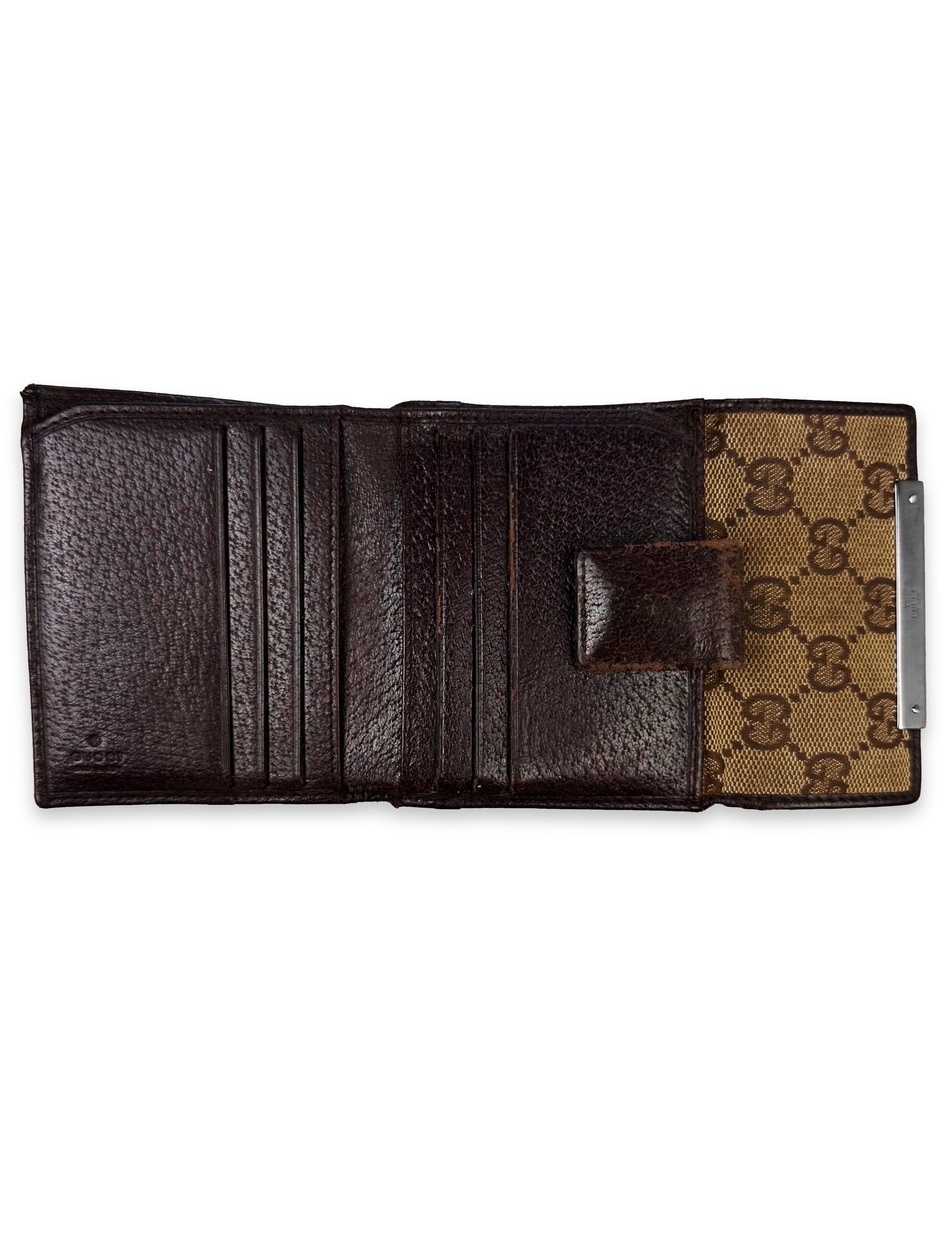 Gucci GG Monogram Tan Leather Metallic Logo Trifold Wallet